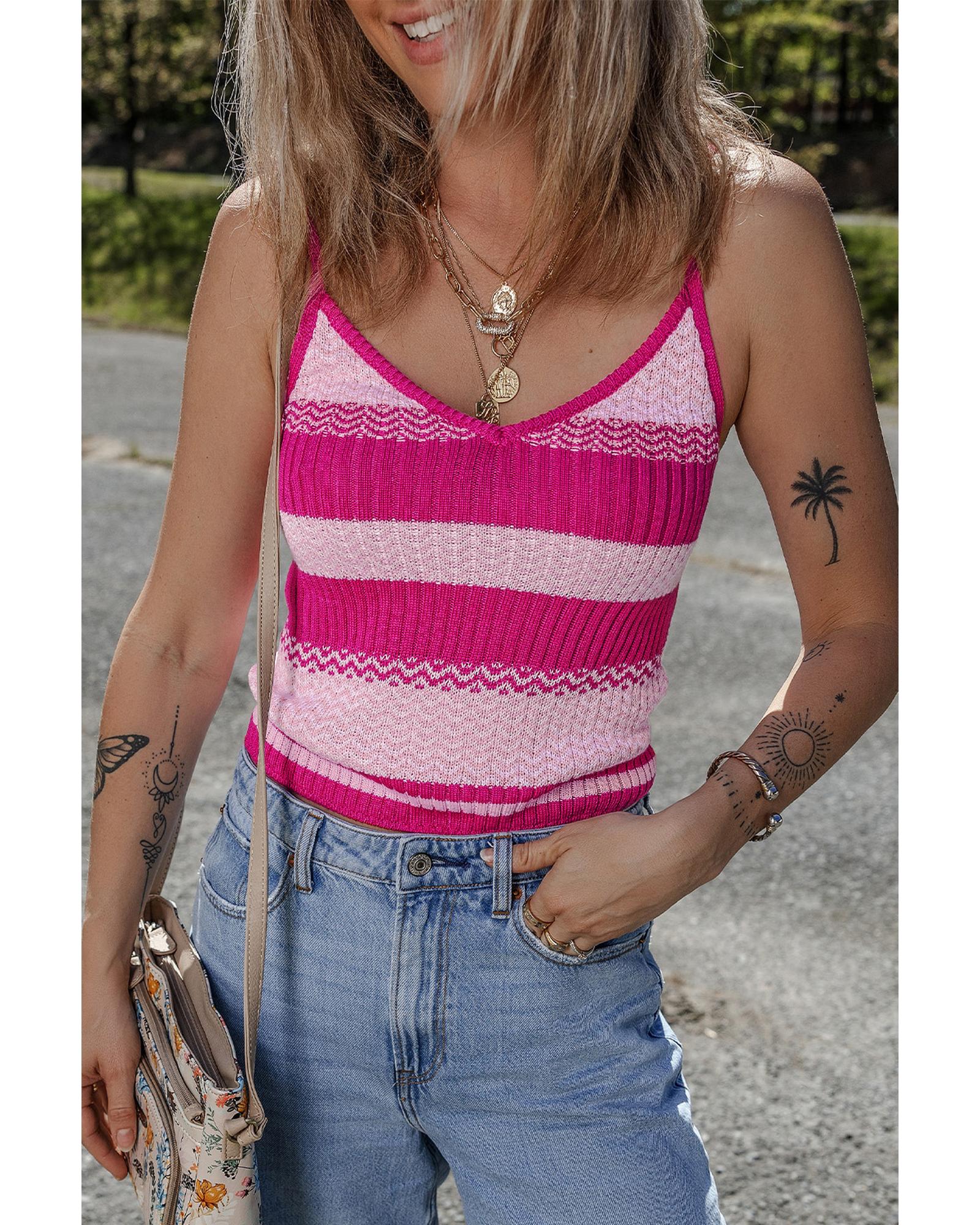 Red Stripe Spaghetti Strap V Neck Sweater Vest - M