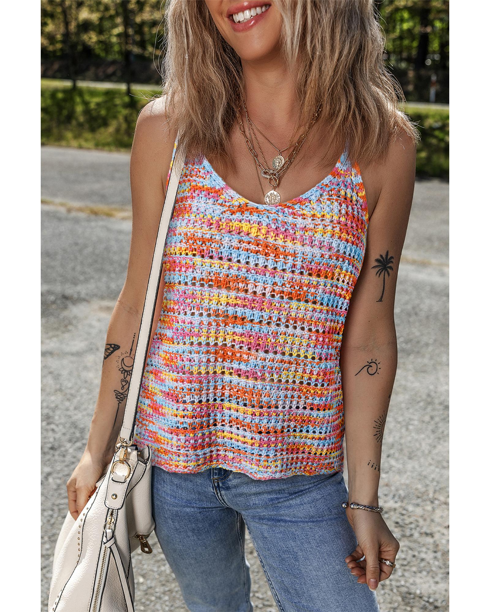 Pink Color Contrast Crochet Loose Fit Sweater Vest - L