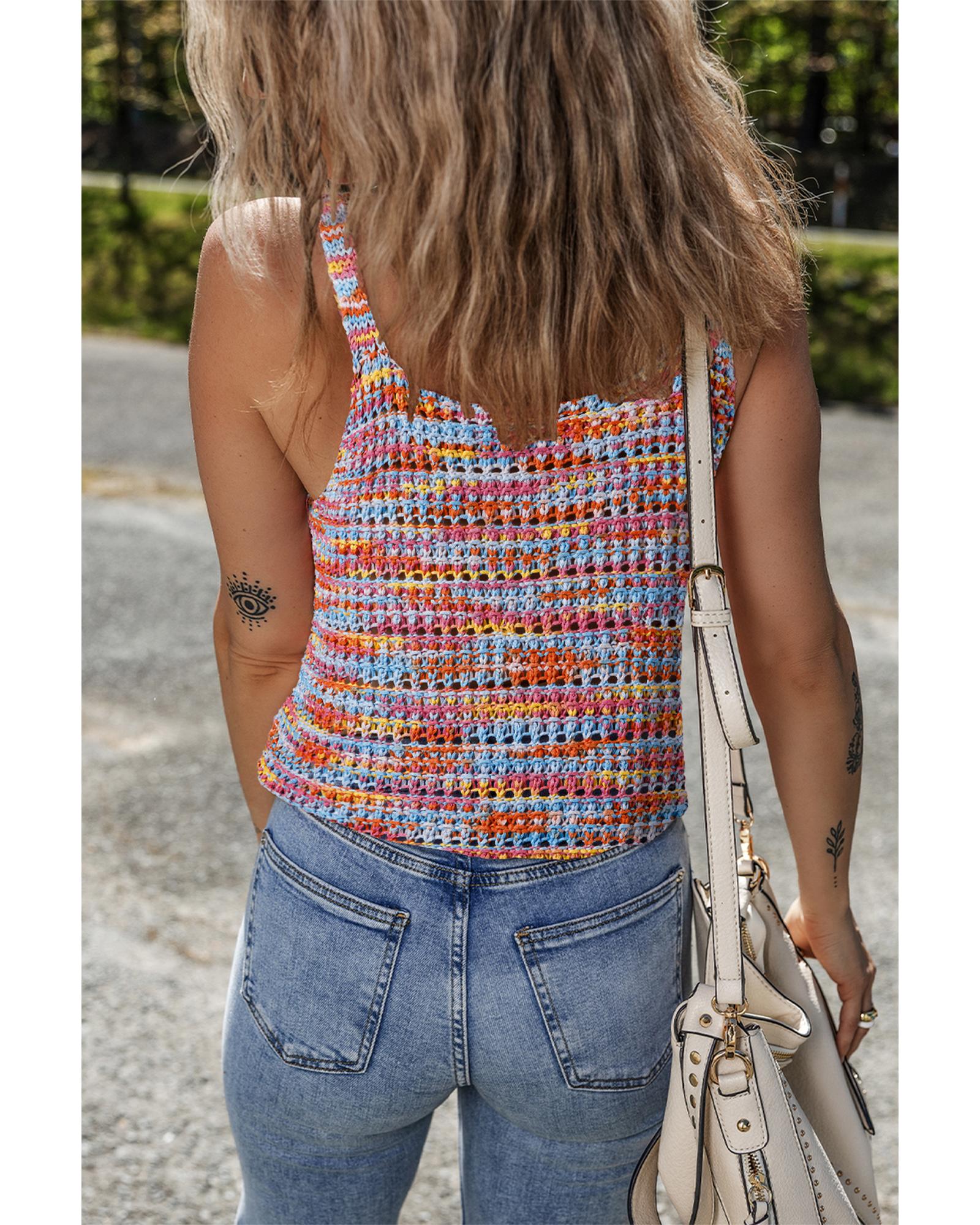 Pink Color Contrast Crochet Loose Fit Sweater Vest - M