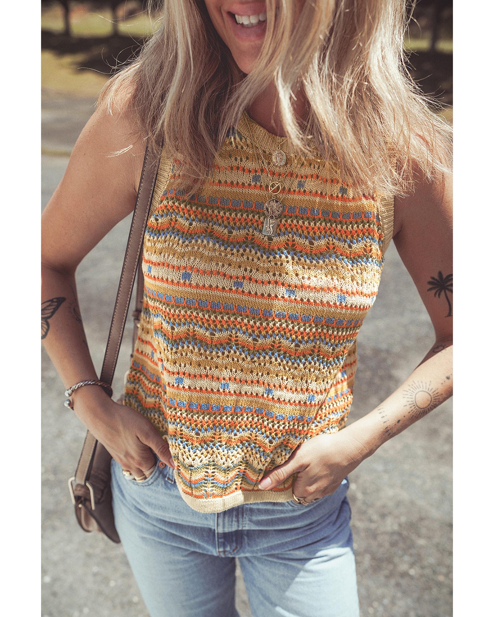 Brown Stripe Eyelet Crochet Round Neck Sweater Vest - L