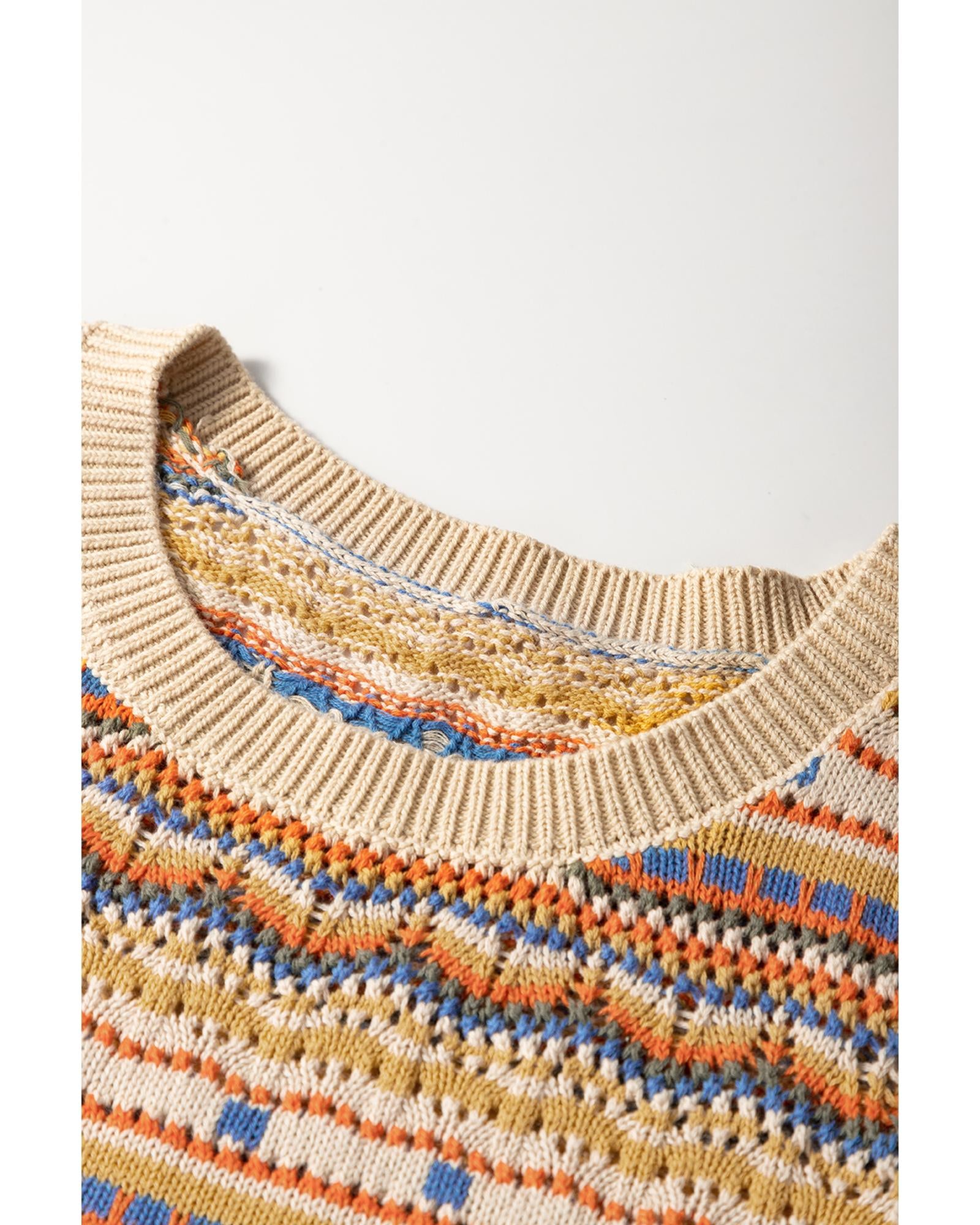 Brown Stripe Eyelet Crochet Round Neck Sweater Vest - M