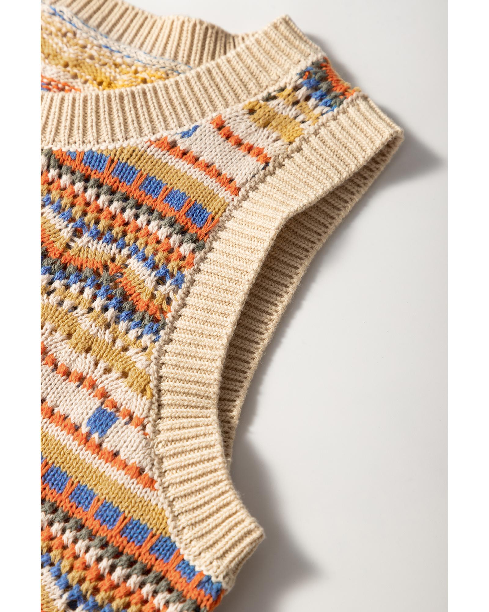 Brown Stripe Eyelet Crochet Round Neck Sweater Vest - M