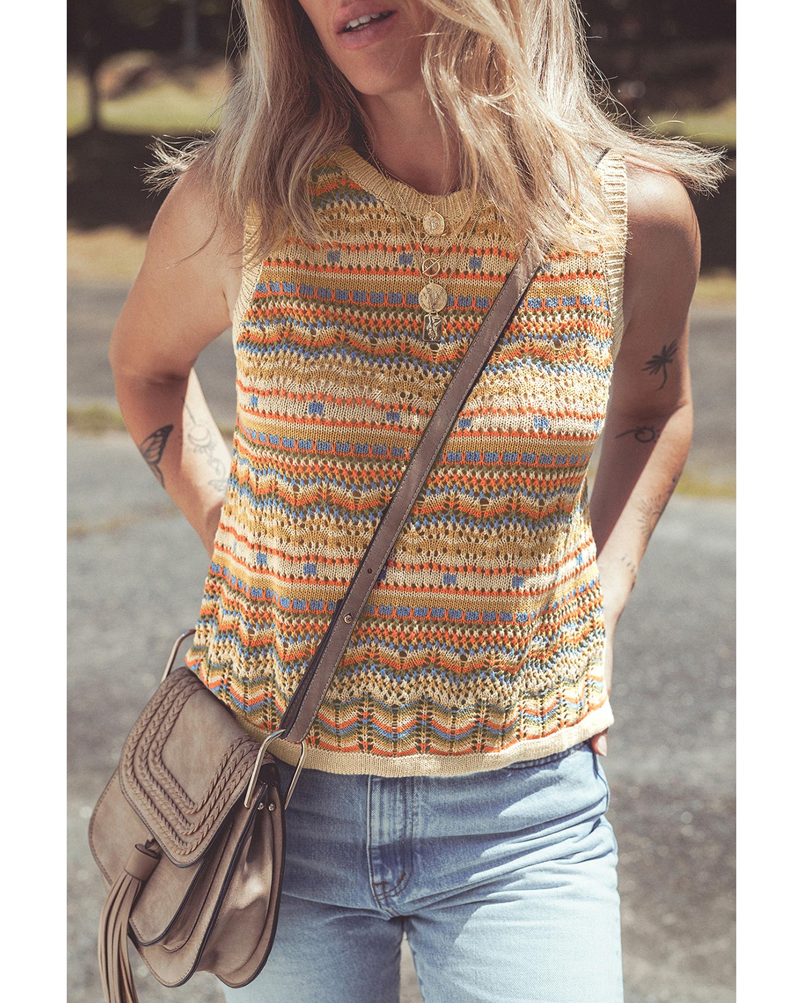 Brown Stripe Eyelet Crochet Round Neck Sweater Vest - M
