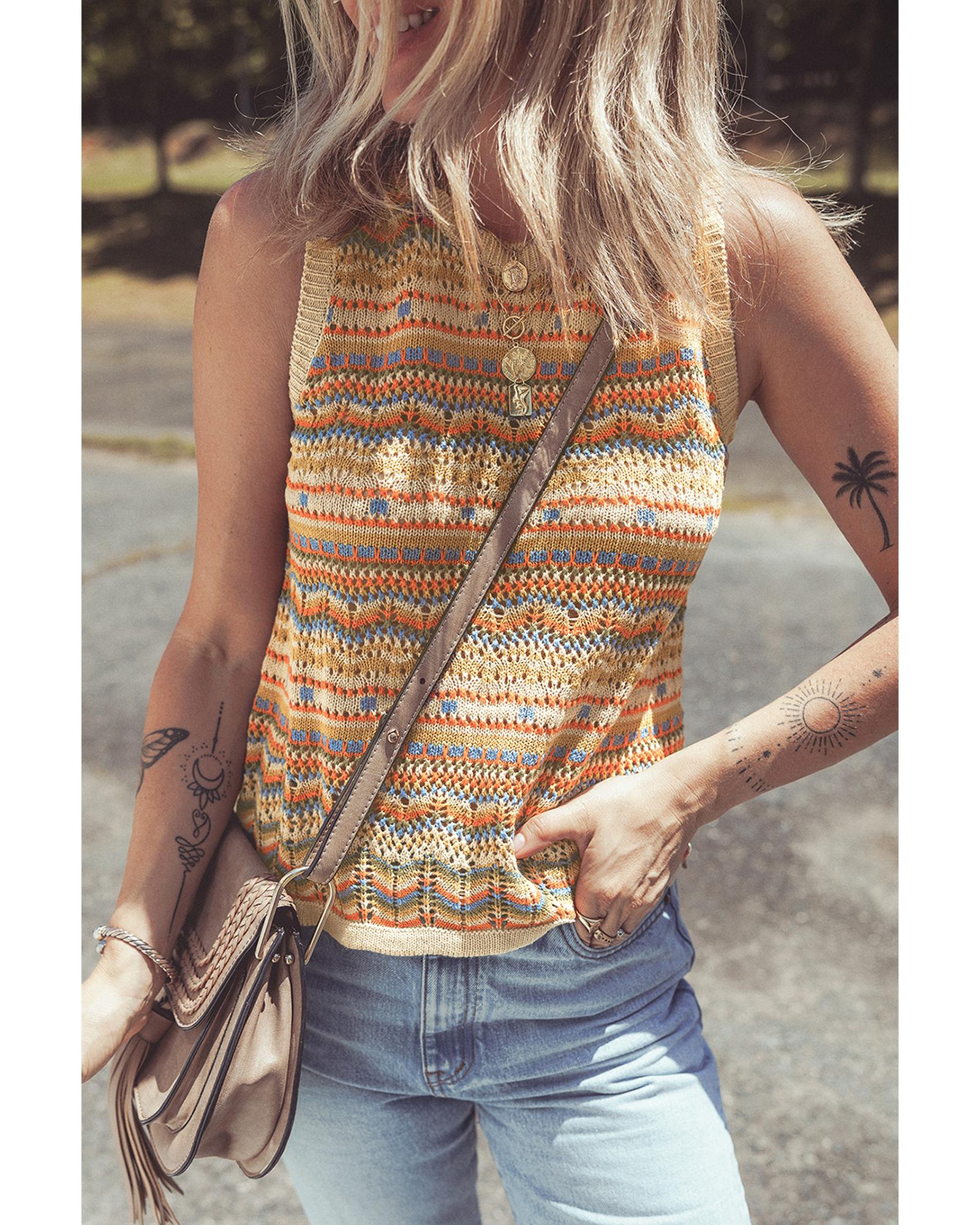 Brown Stripe Eyelet Crochet Round Neck Sweater Vest - M