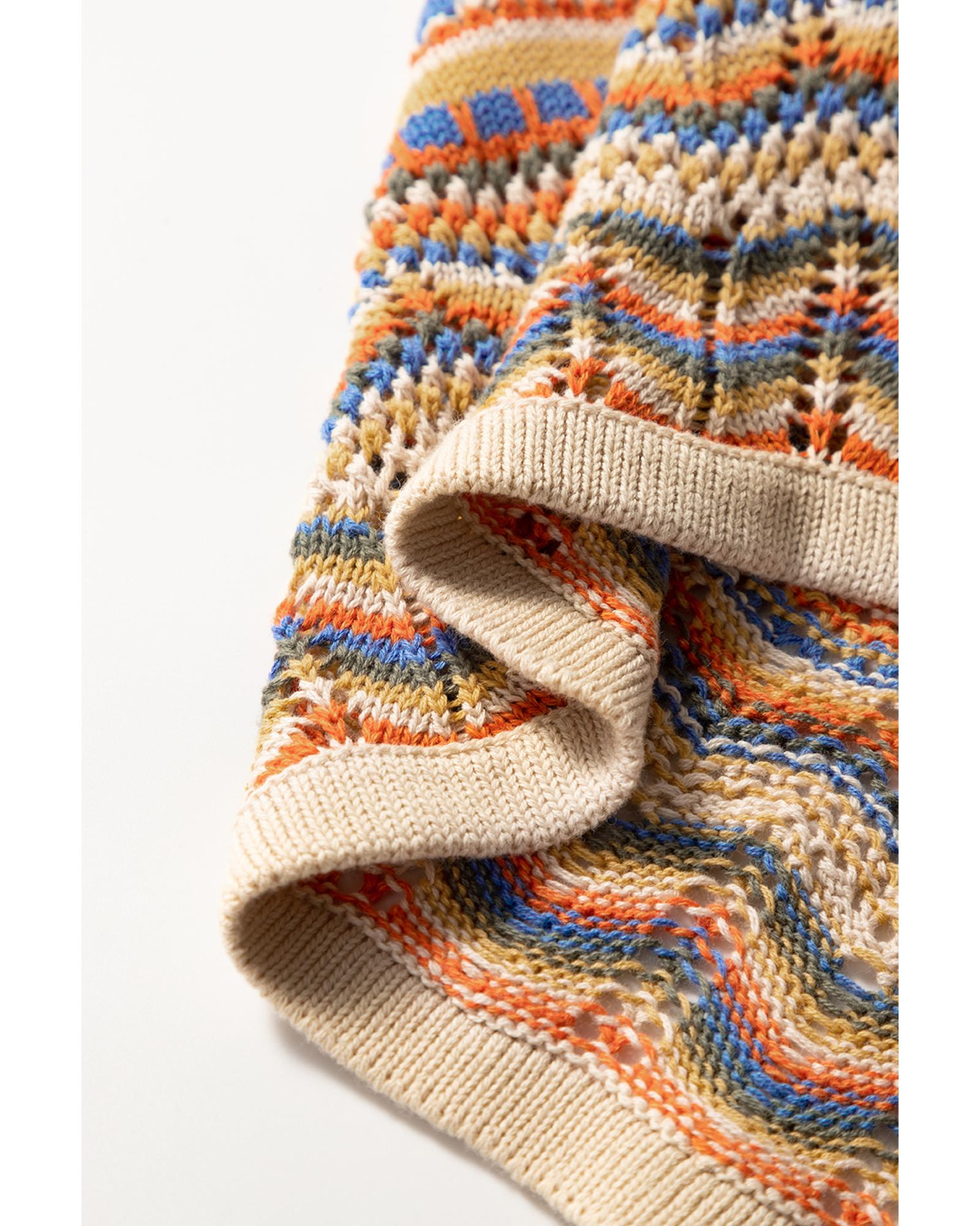 Brown Stripe Eyelet Crochet Round Neck Sweater Vest - M