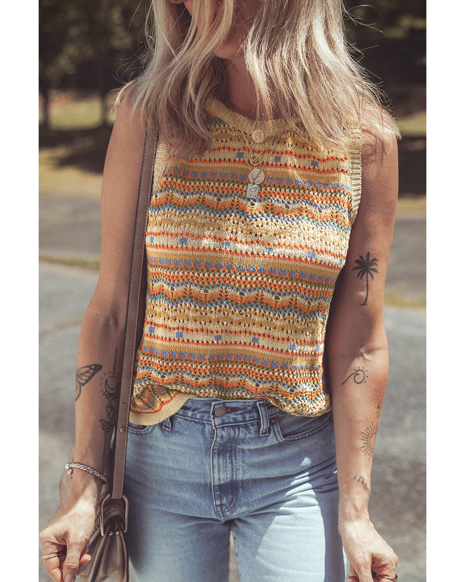 Brown Stripe Eyelet Crochet Round Neck Sweater Vest - M