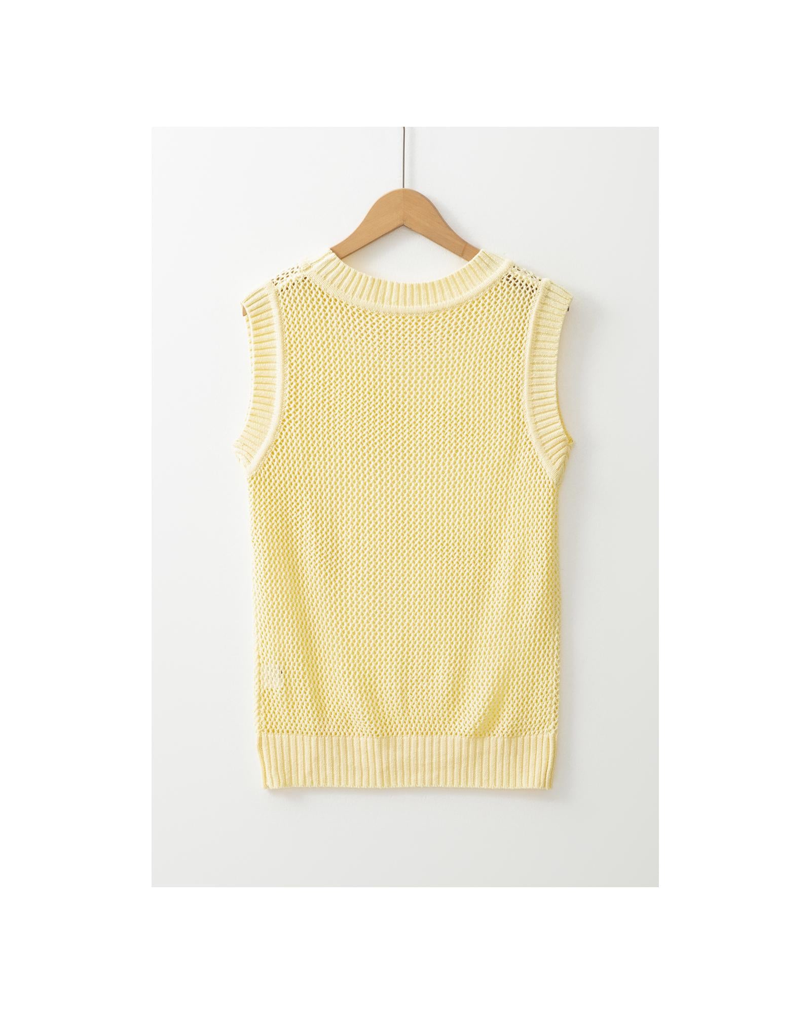 Yellow Solid Color Hollowed Knit Round Neck Sweater Vest - L