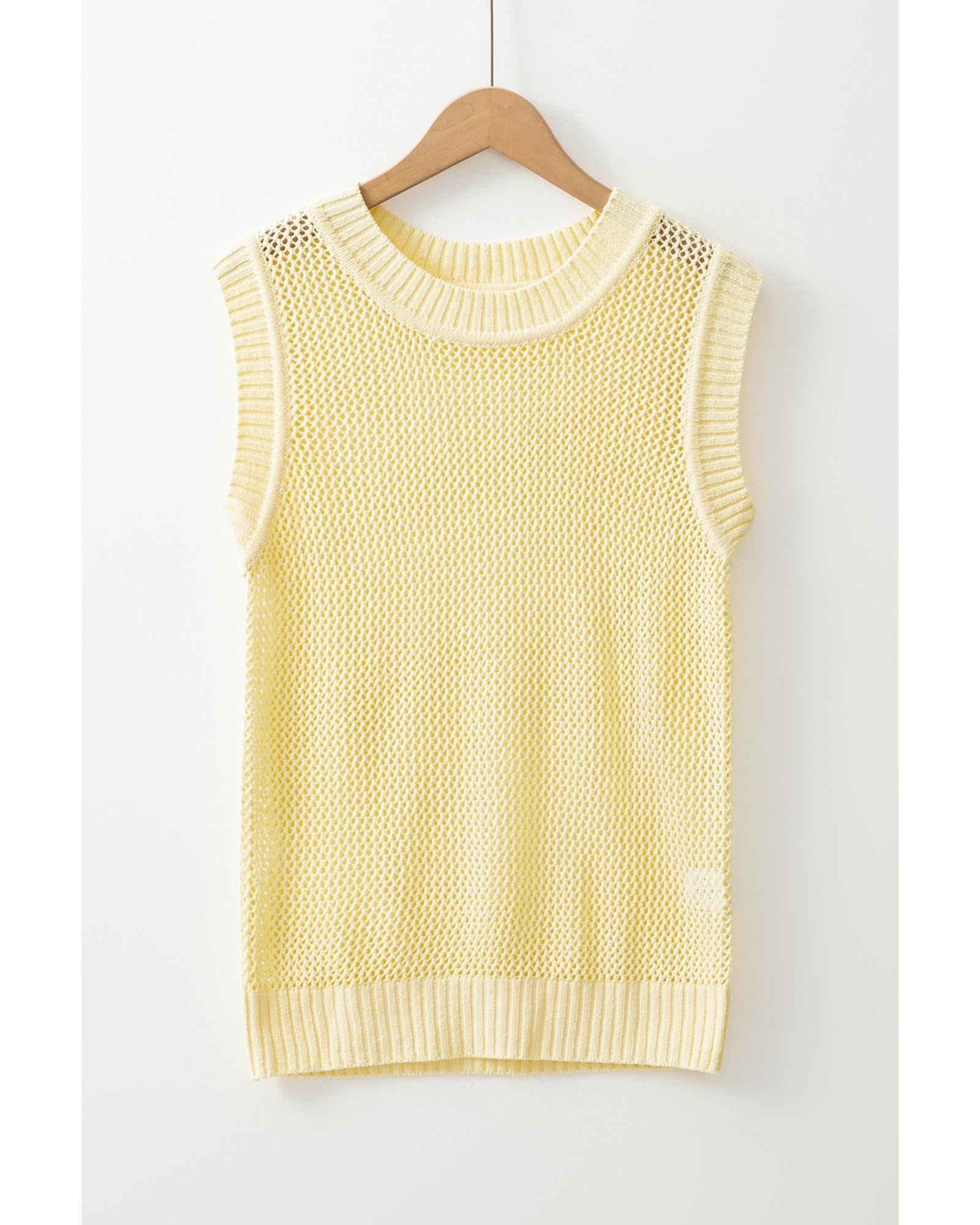 Yellow Solid Color Hollowed Knit Round Neck Sweater Vest - XL