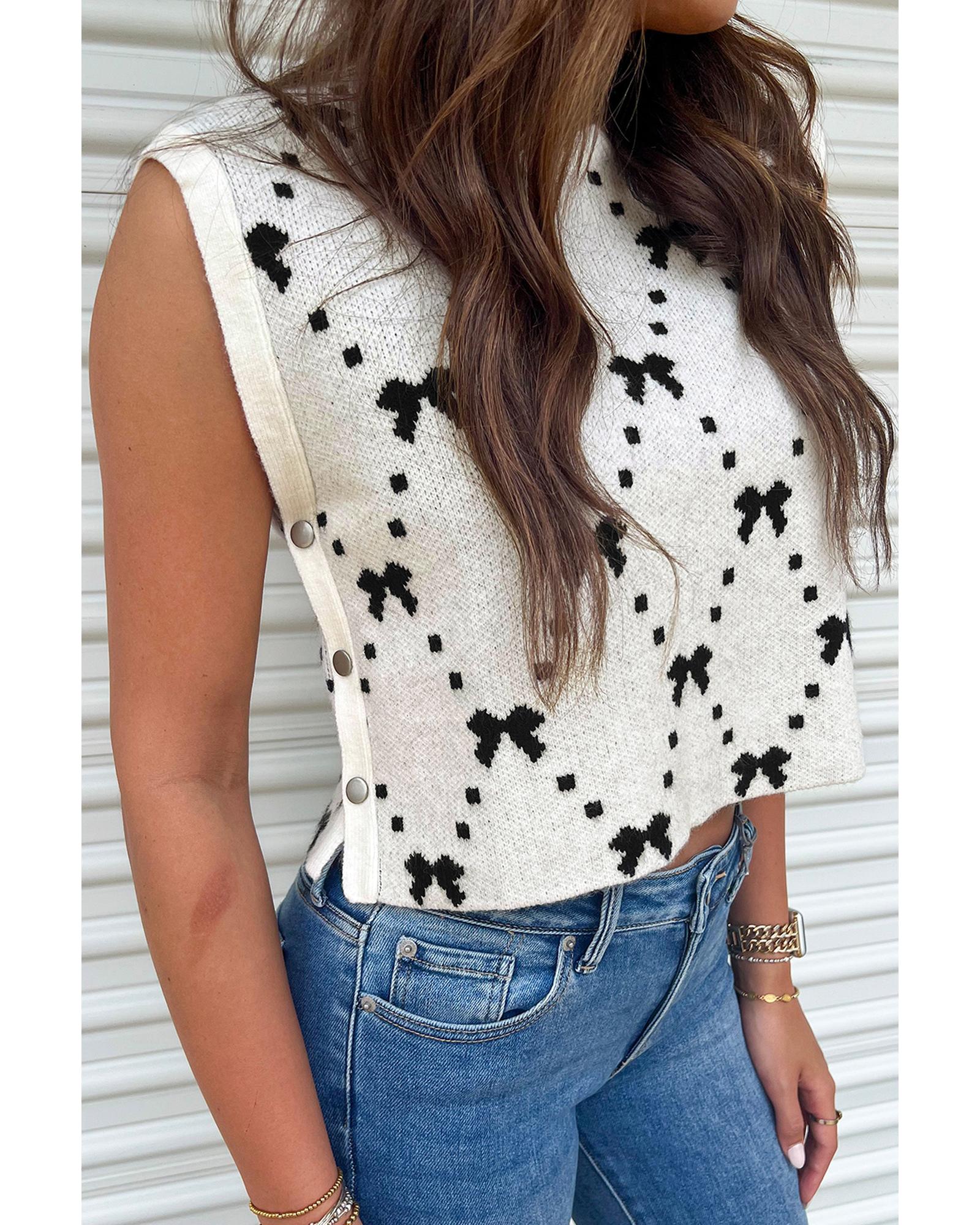 White Bow Pattern Buttoned Side Cropped Sweater Vest - L