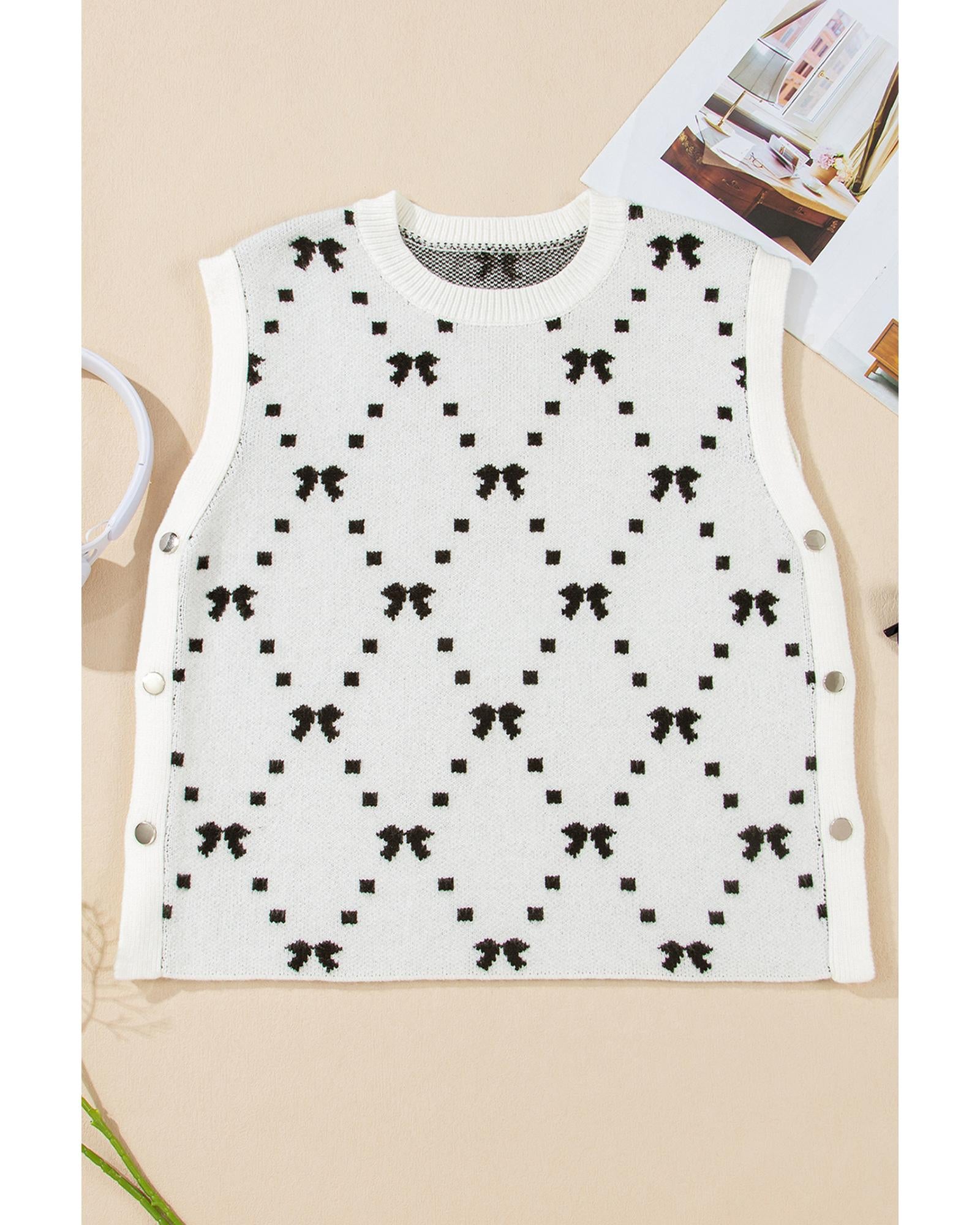 White Bow Pattern Buttoned Side Cropped Sweater Vest - L