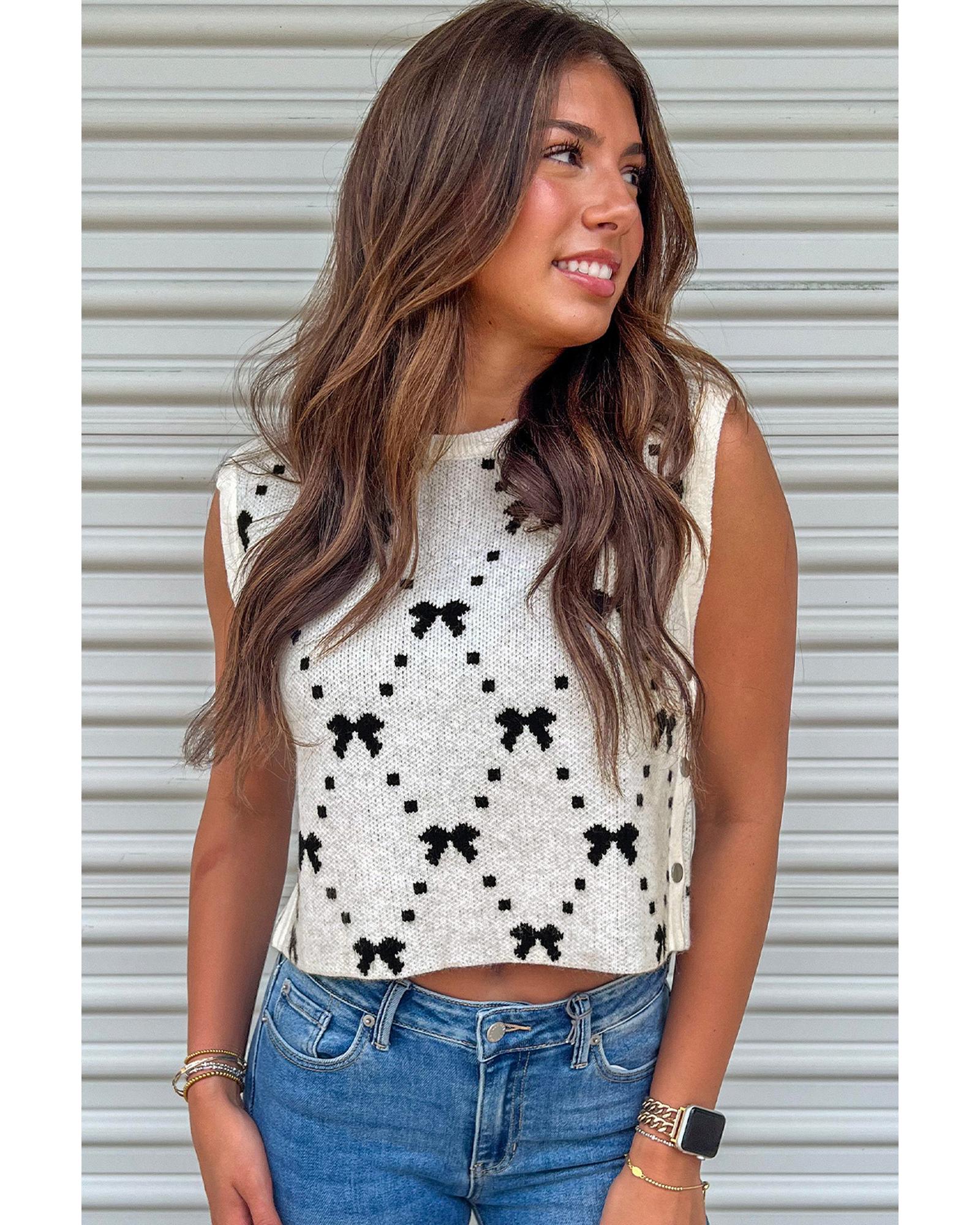 White Bow Pattern Buttoned Side Cropped Sweater Vest - L