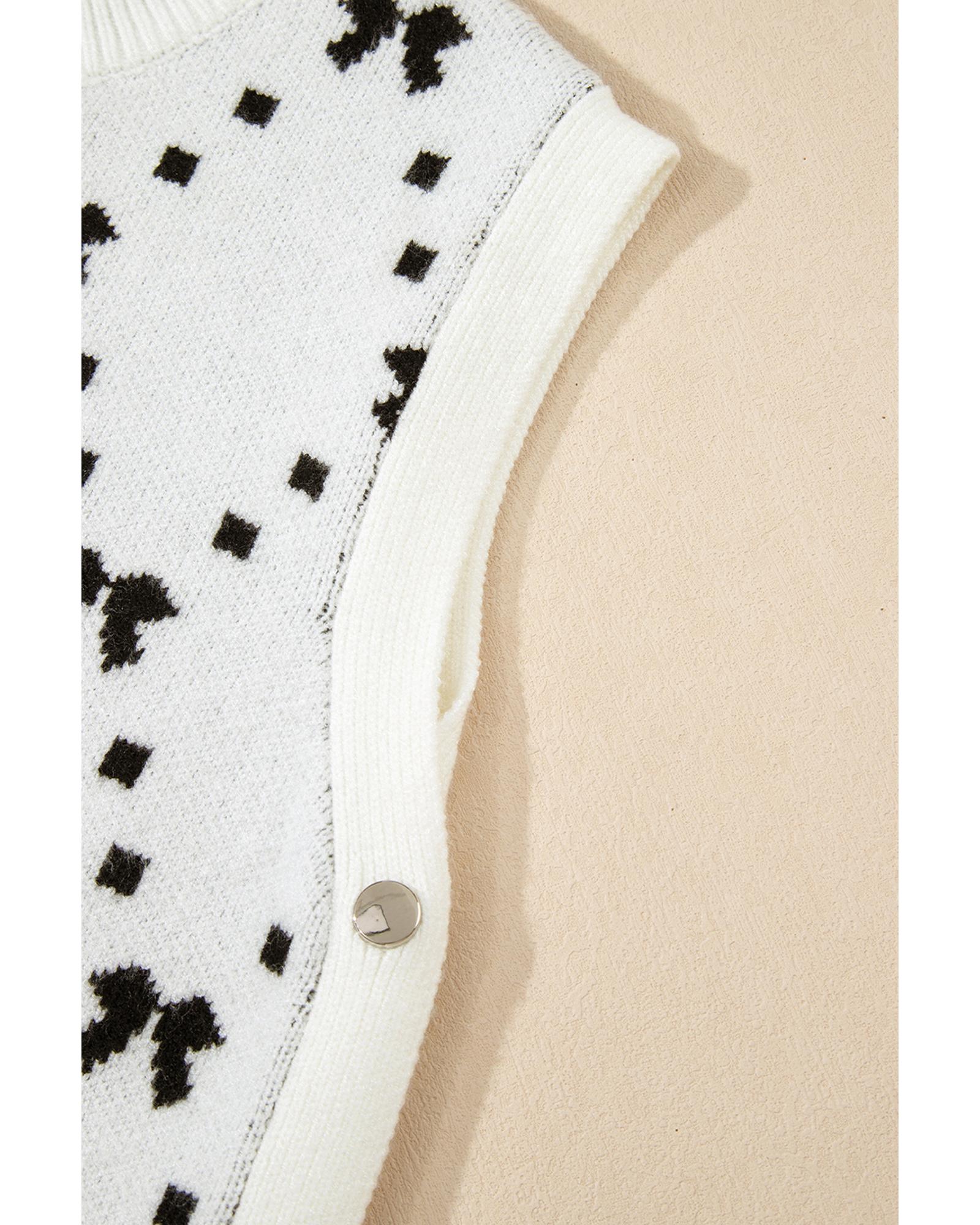 White Bow Pattern Buttoned Side Cropped Sweater Vest - L