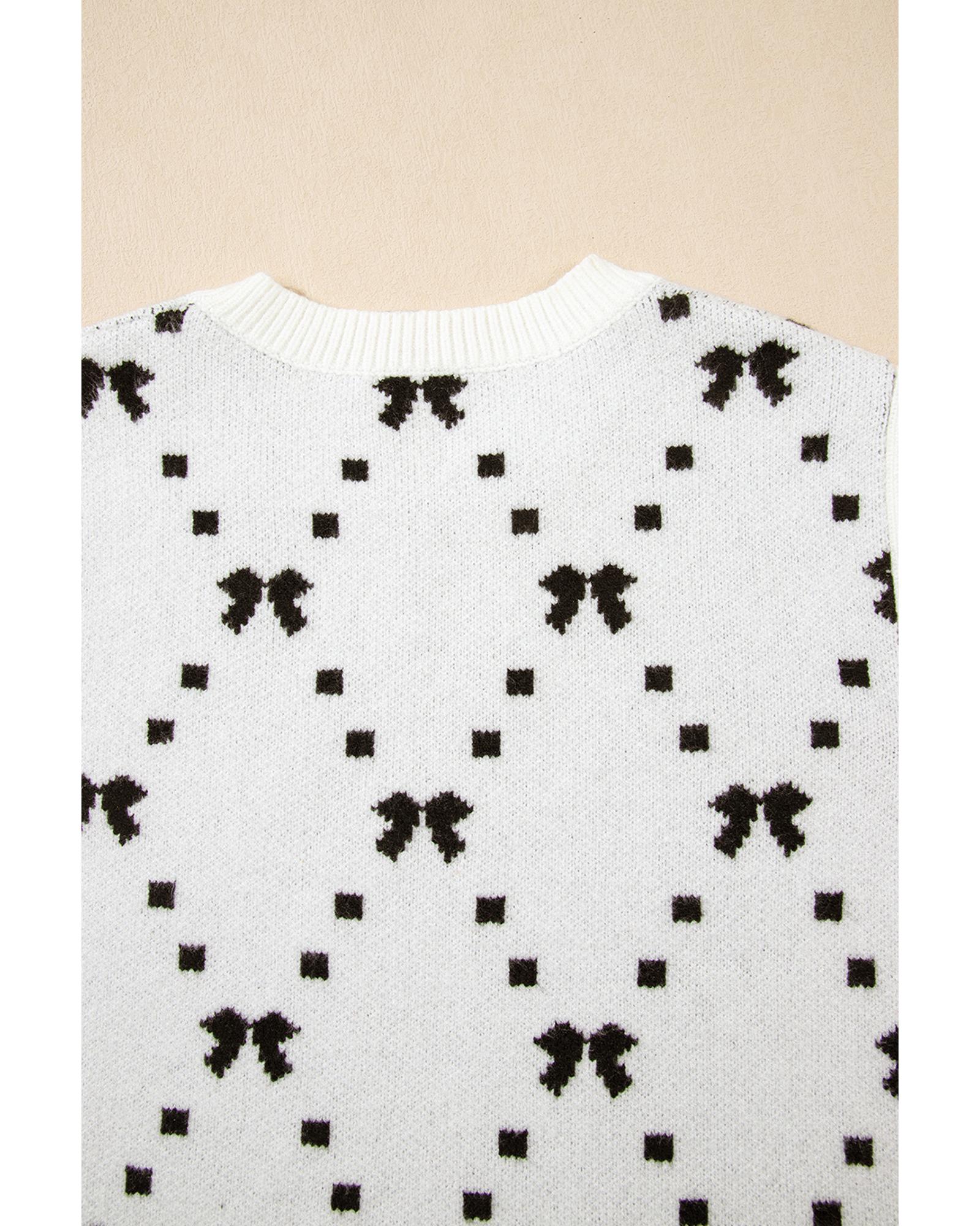 White Bow Pattern Buttoned Side Cropped Sweater Vest - M