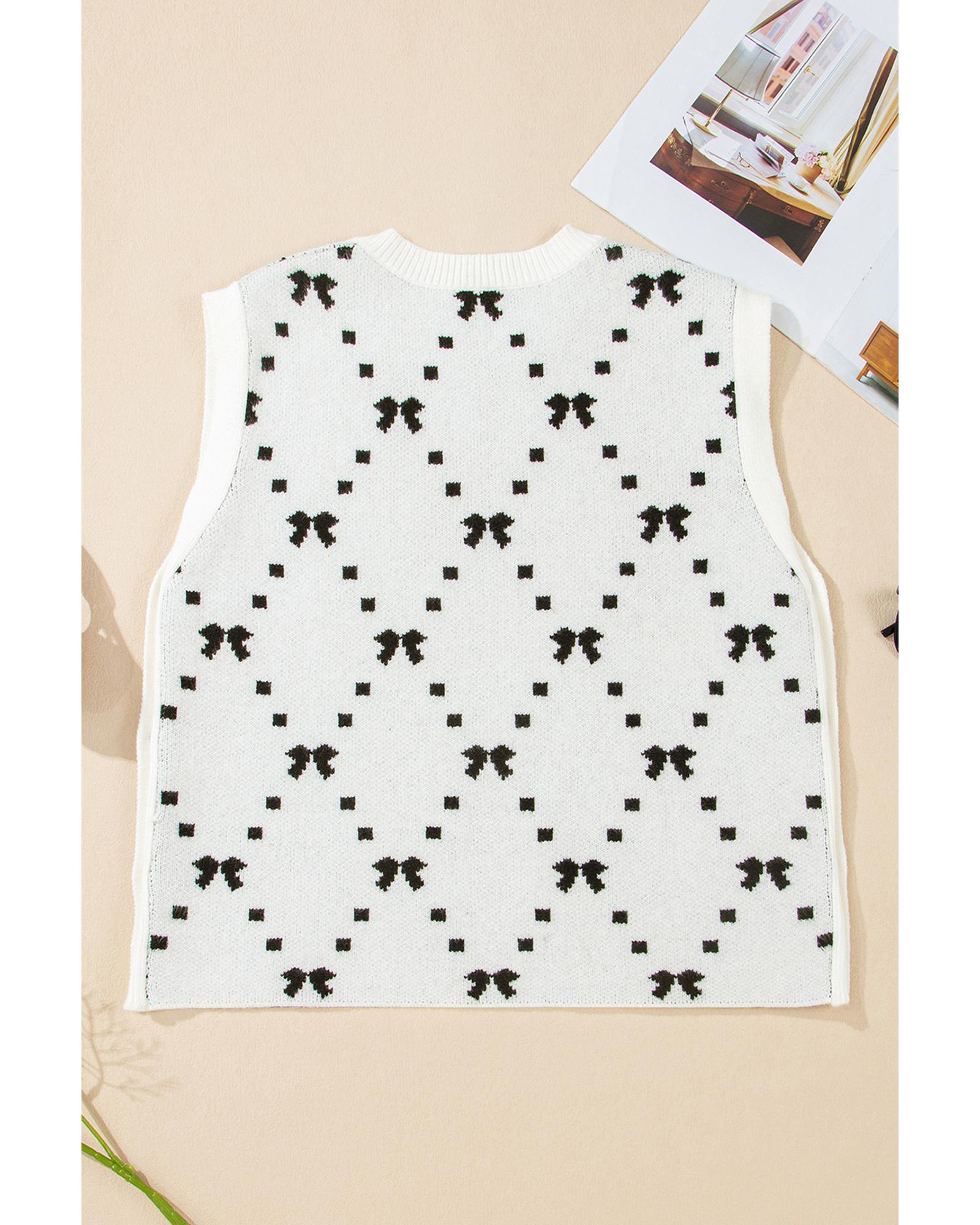 White Bow Pattern Buttoned Side Cropped Sweater Vest - S