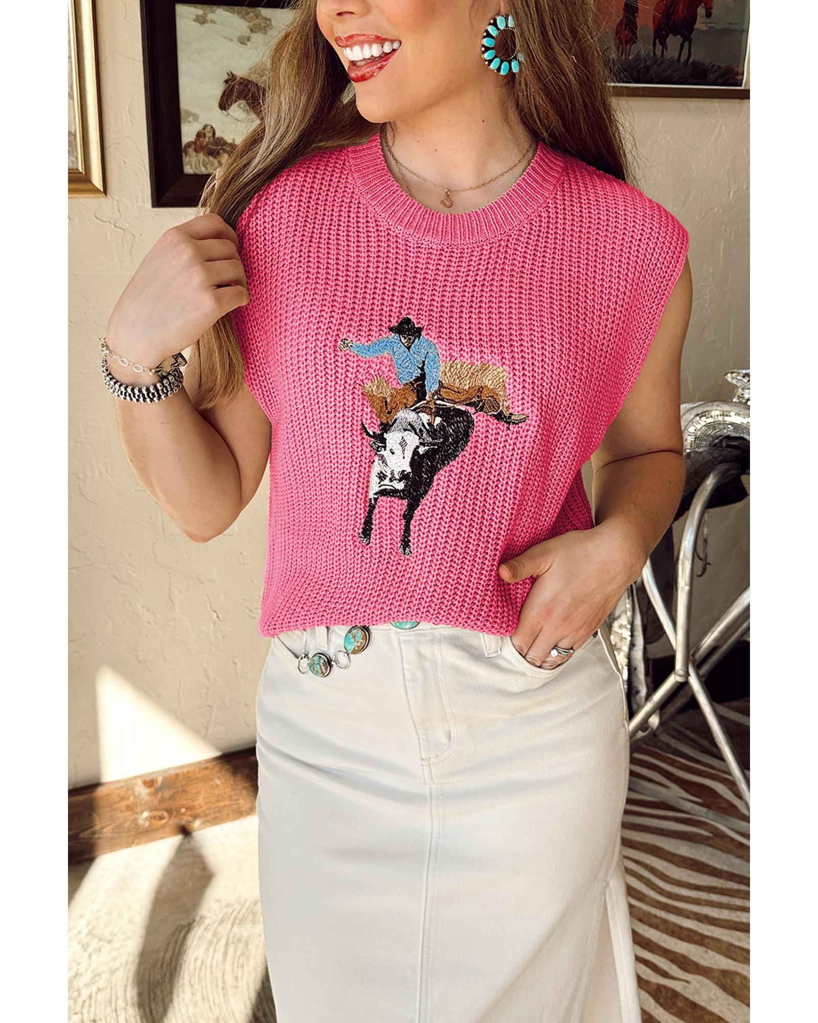 Bright Pink Western Cowboy Embroidery Round Neck Sleeveless Sweater - L