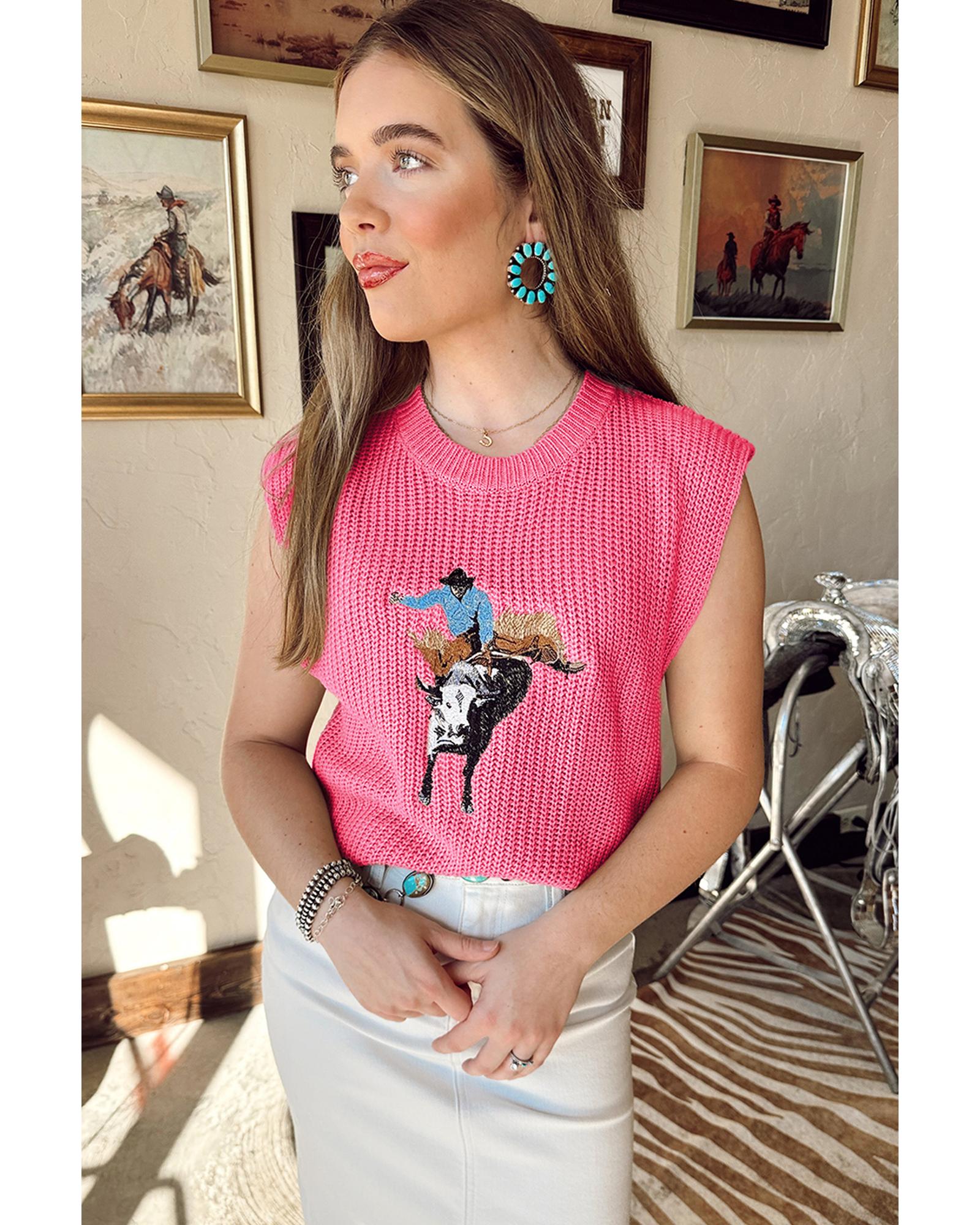 Bright Pink Western Cowboy Embroidery Round Neck Sleeveless Sweater - L