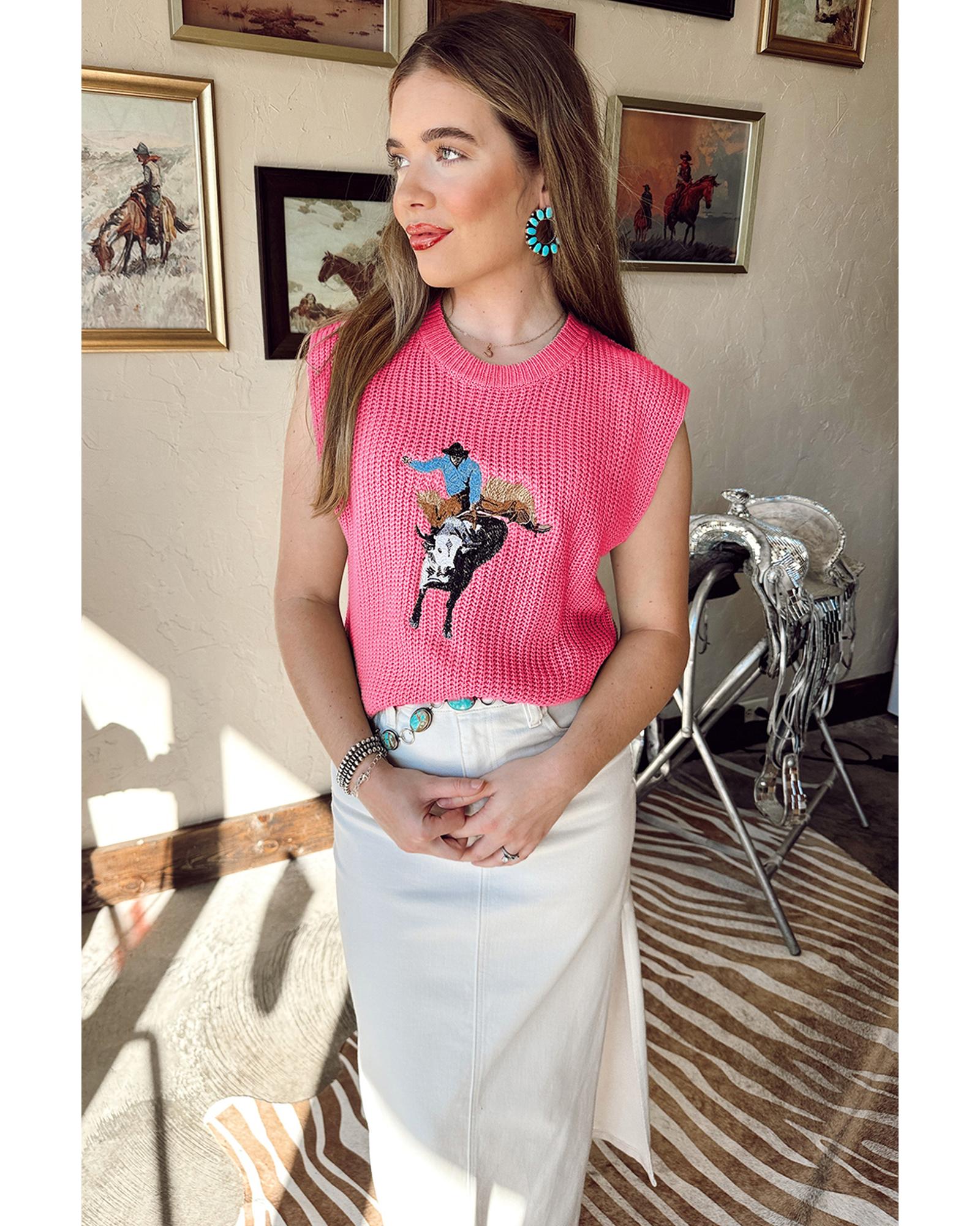 Bright Pink Western Cowboy Embroidery Round Neck Sleeveless Sweater - L