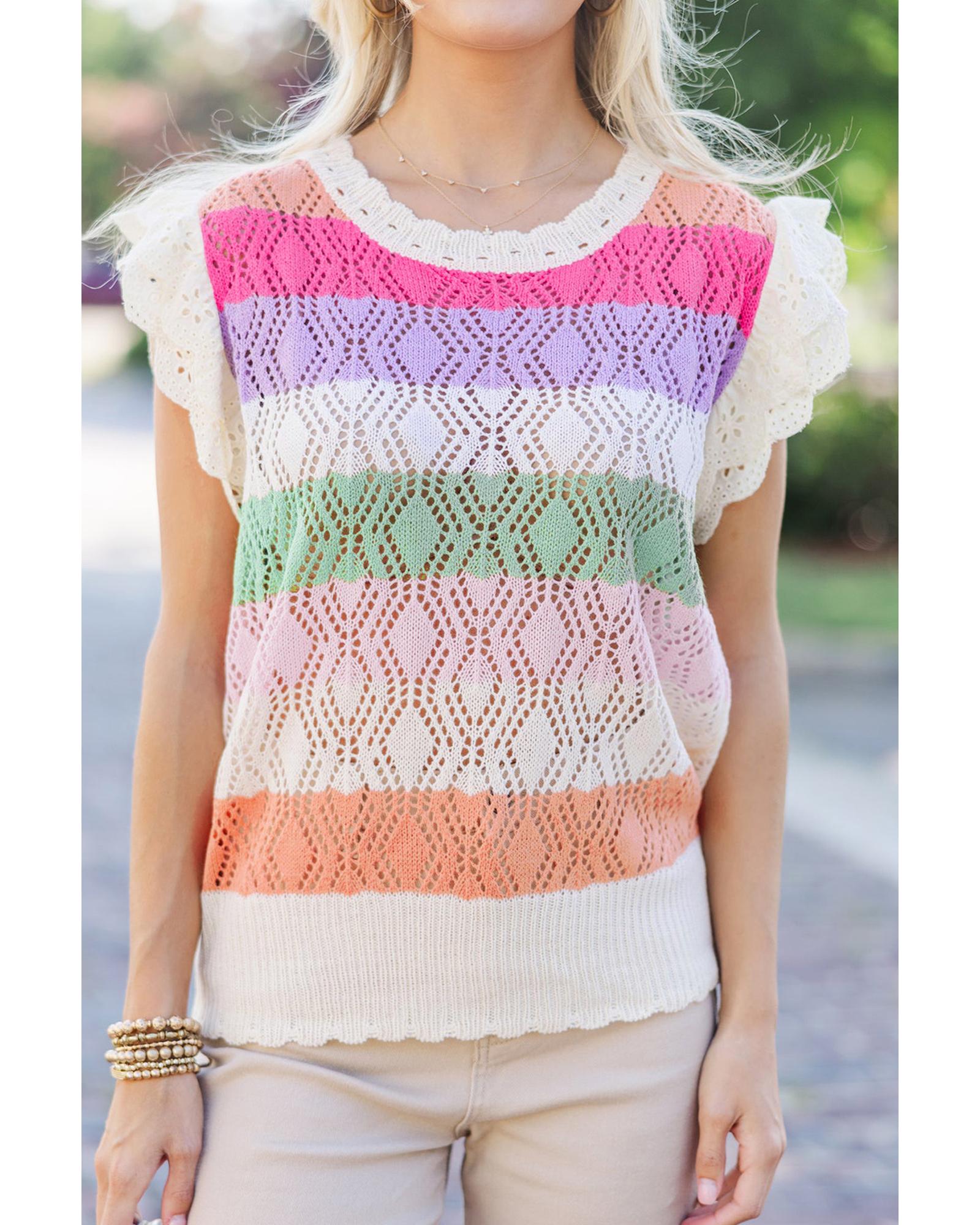Rose Stripe Colorblock Hollowed Knit Scallop Edge Sweater Vest - S