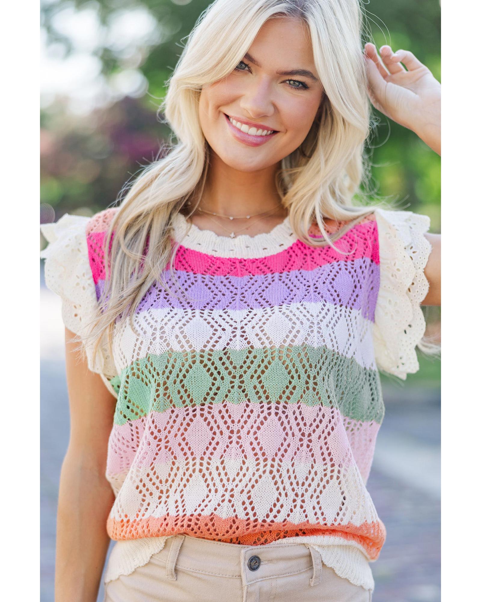 Rose Stripe Colorblock Hollowed Knit Scallop Edge Sweater Vest - S
