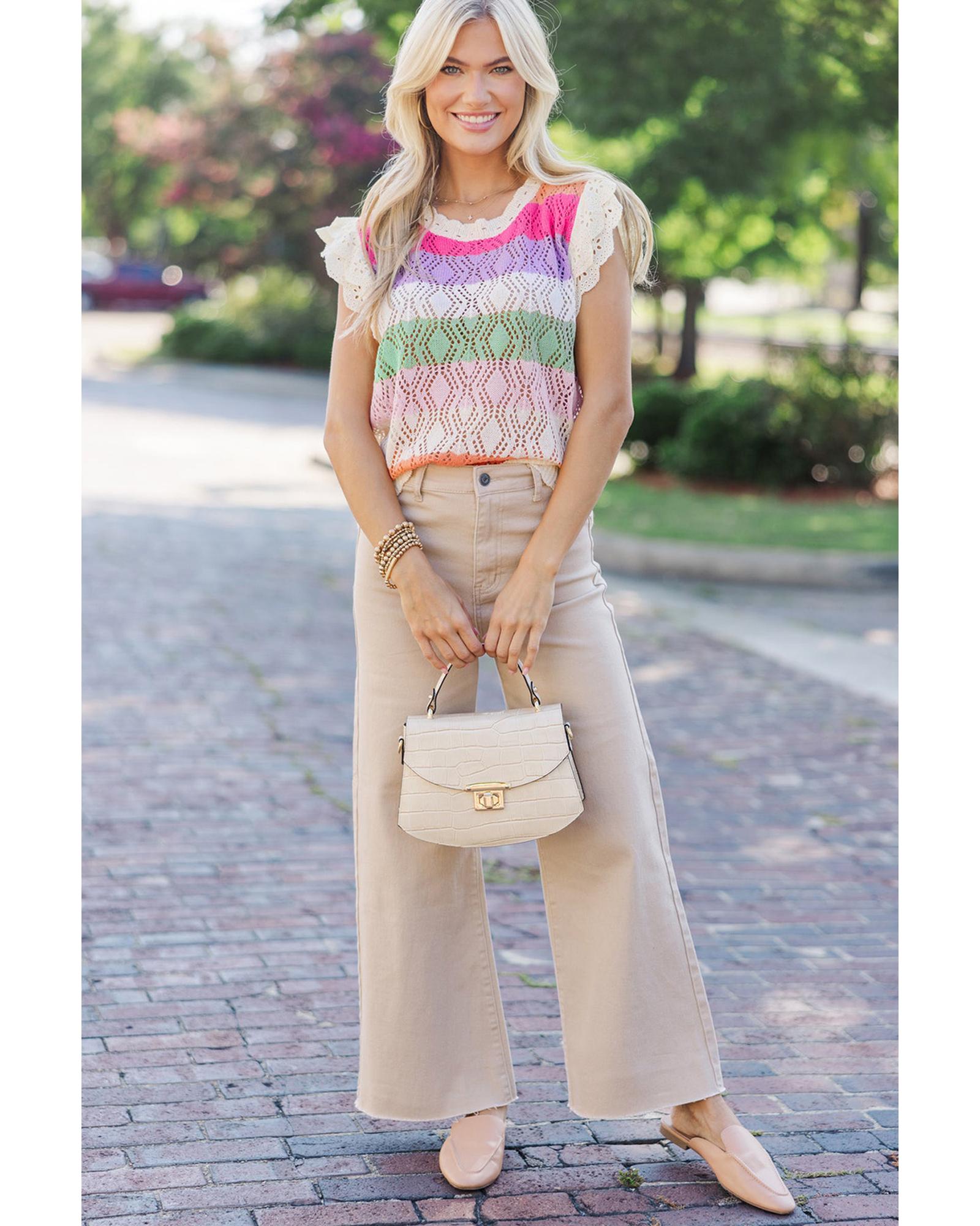 Rose Stripe Colorblock Hollowed Knit Scallop Edge Sweater Vest - S