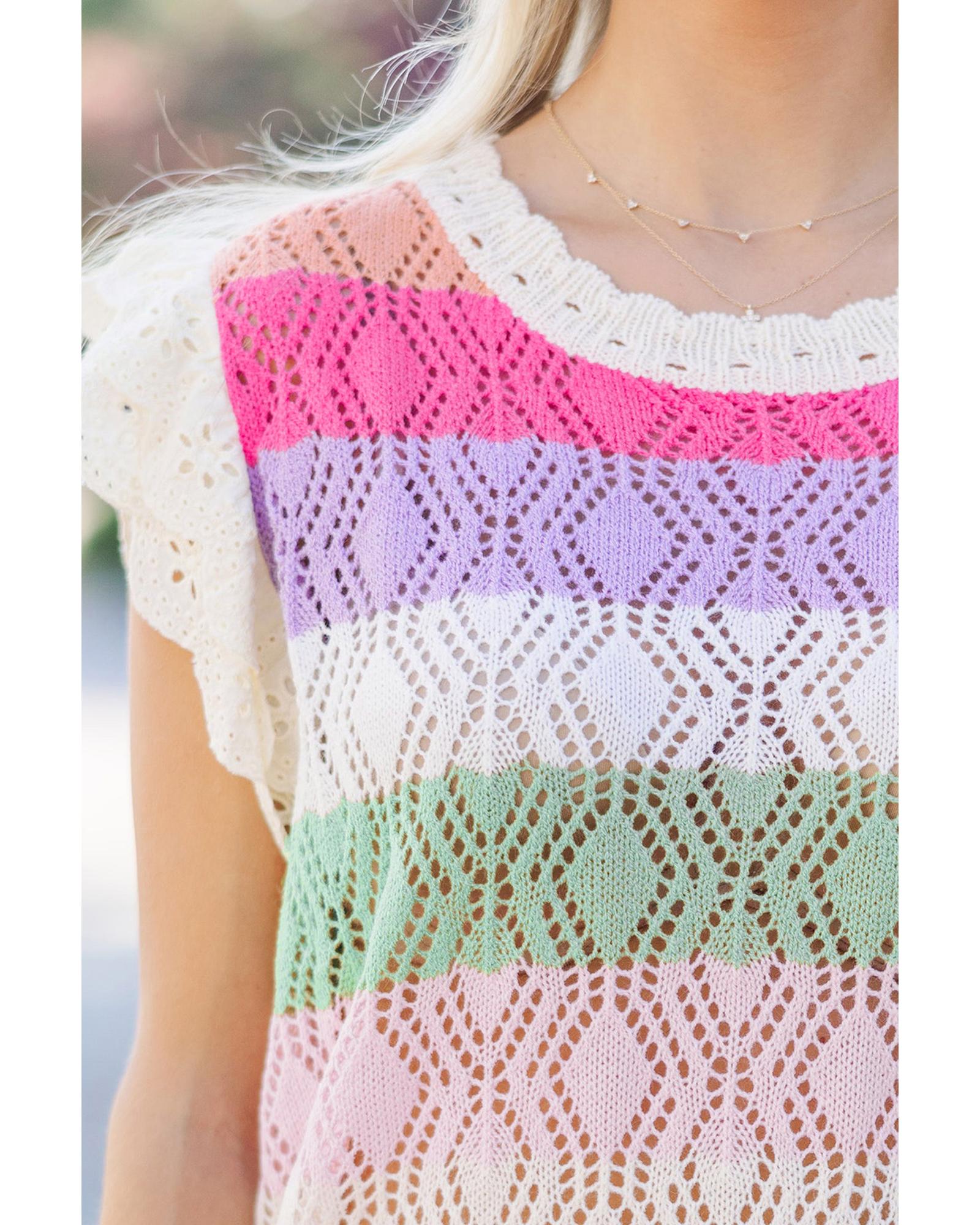 Rose Stripe Colorblock Hollowed Knit Scallop Edge Sweater Vest - S