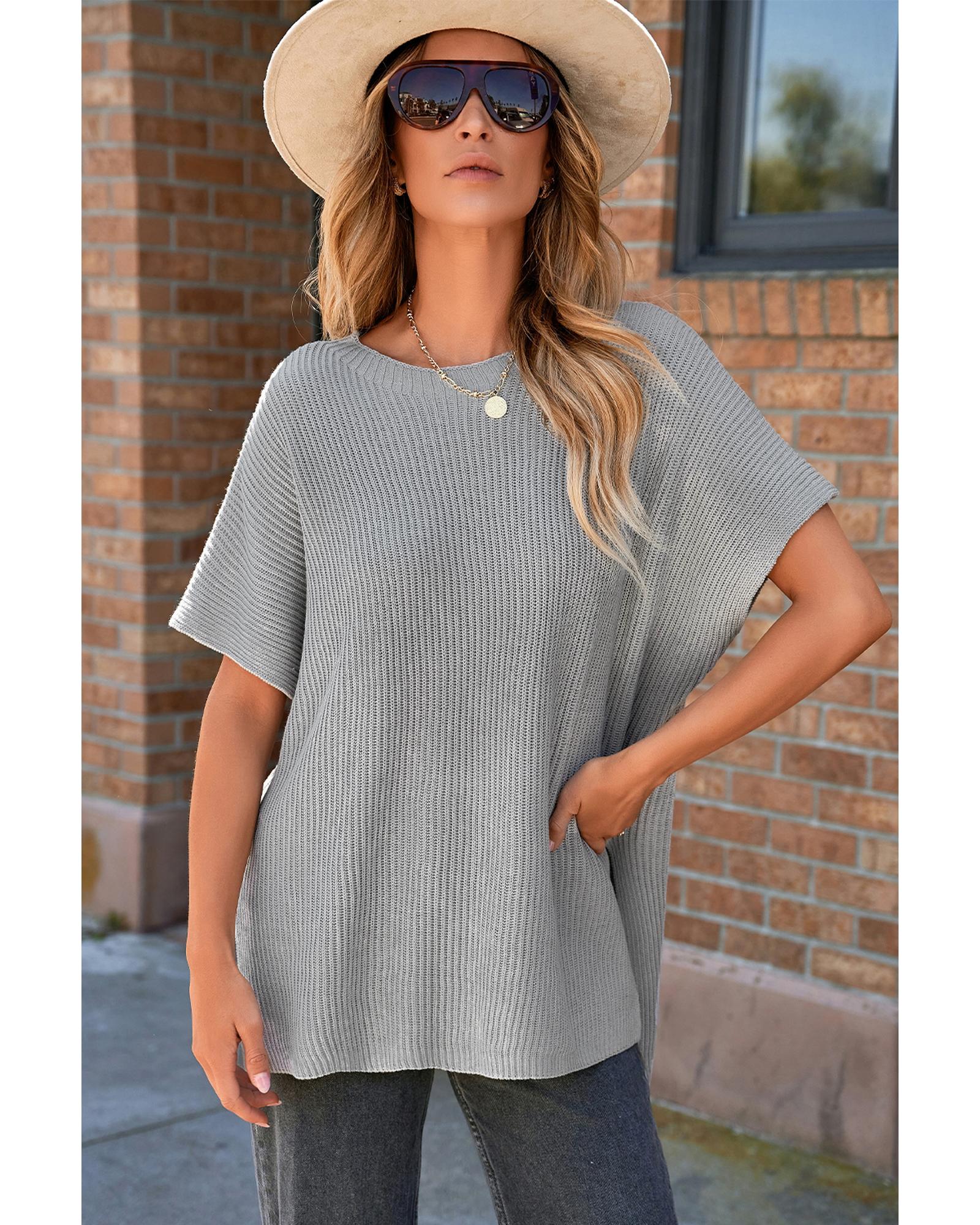 Gray Short Sleeve Side Slit Oversized Sweater - L