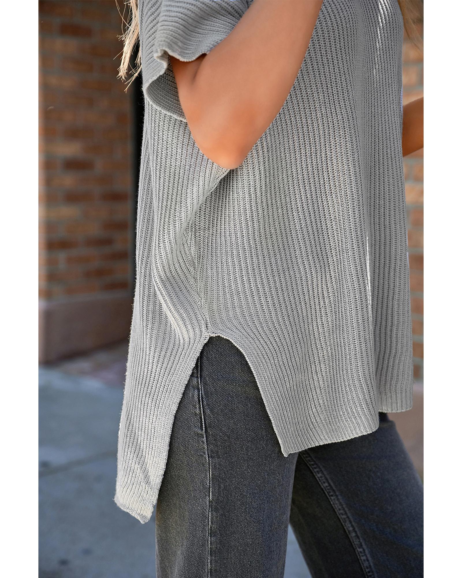 Gray Short Sleeve Side Slit Oversized Sweater - L