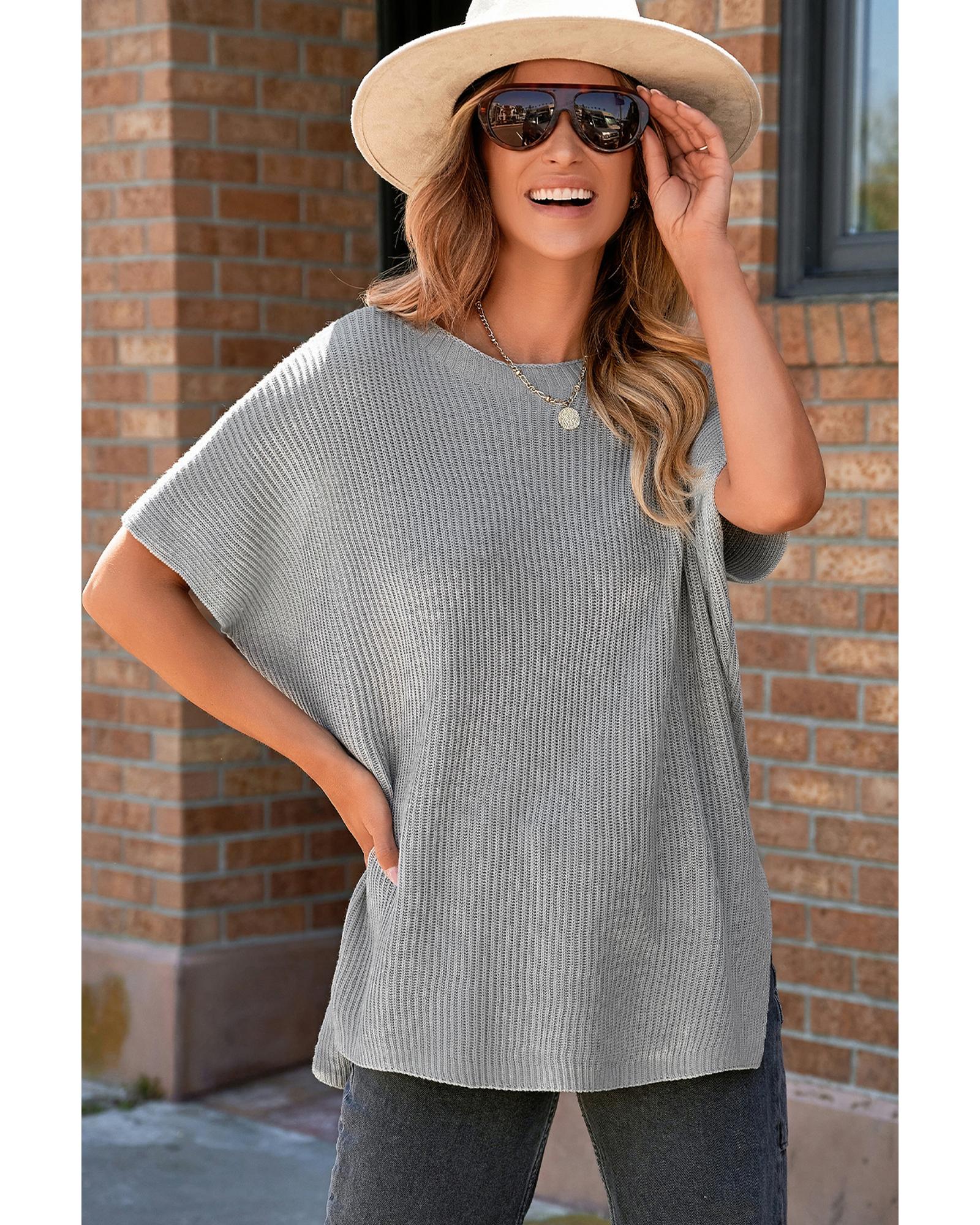 Gray Short Sleeve Side Slit Oversized Sweater - M
