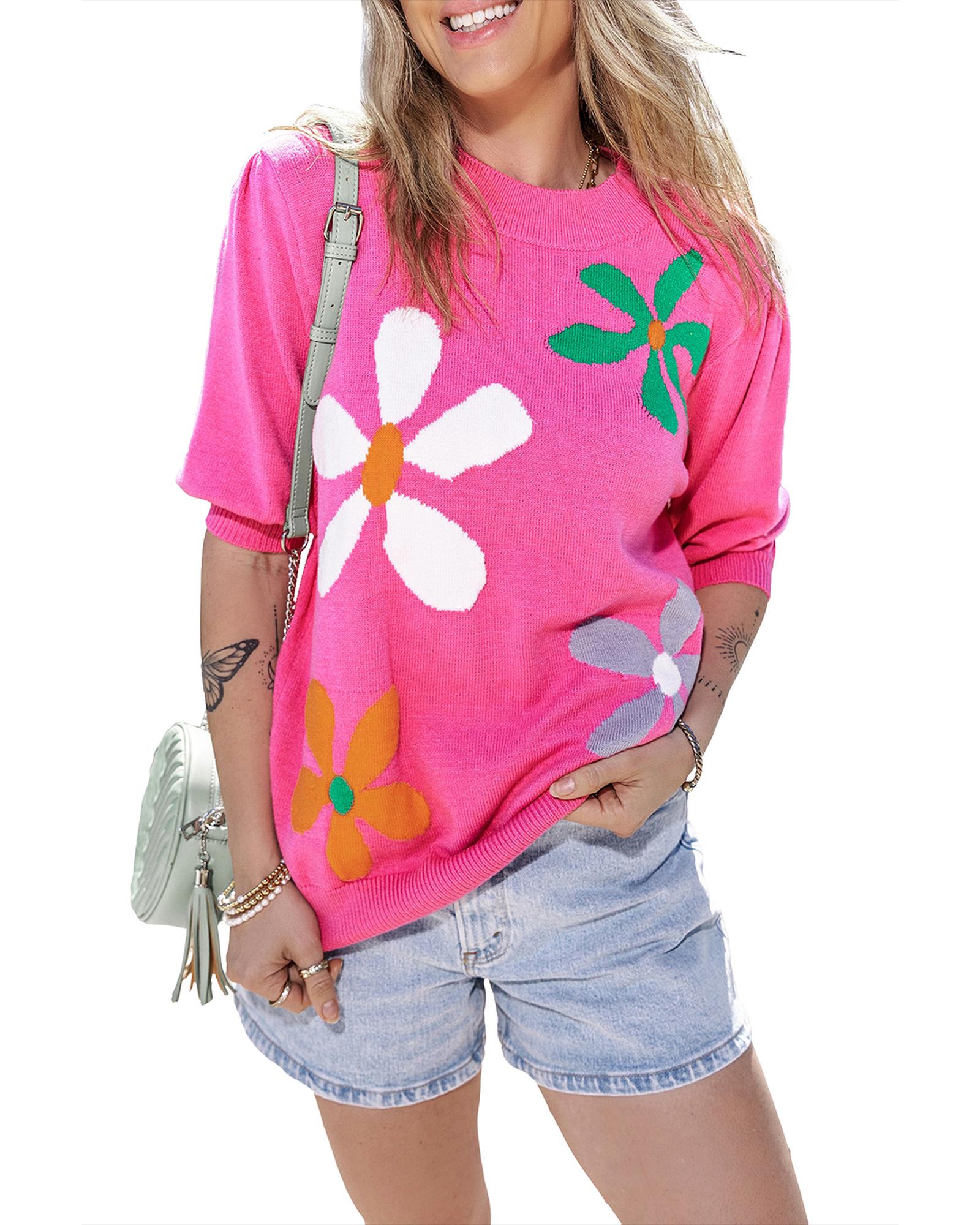 Bright Pink Floral Bubble Short Sleeve Sweater - L