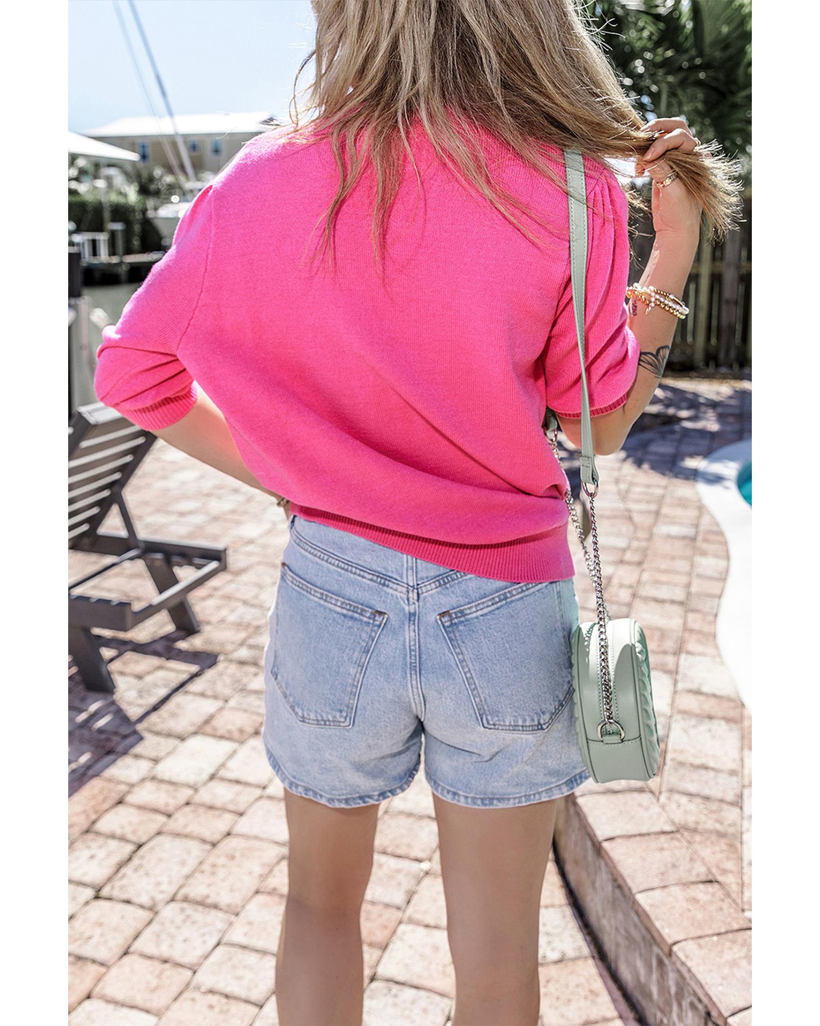 Bright Pink Floral Bubble Short Sleeve Sweater - L