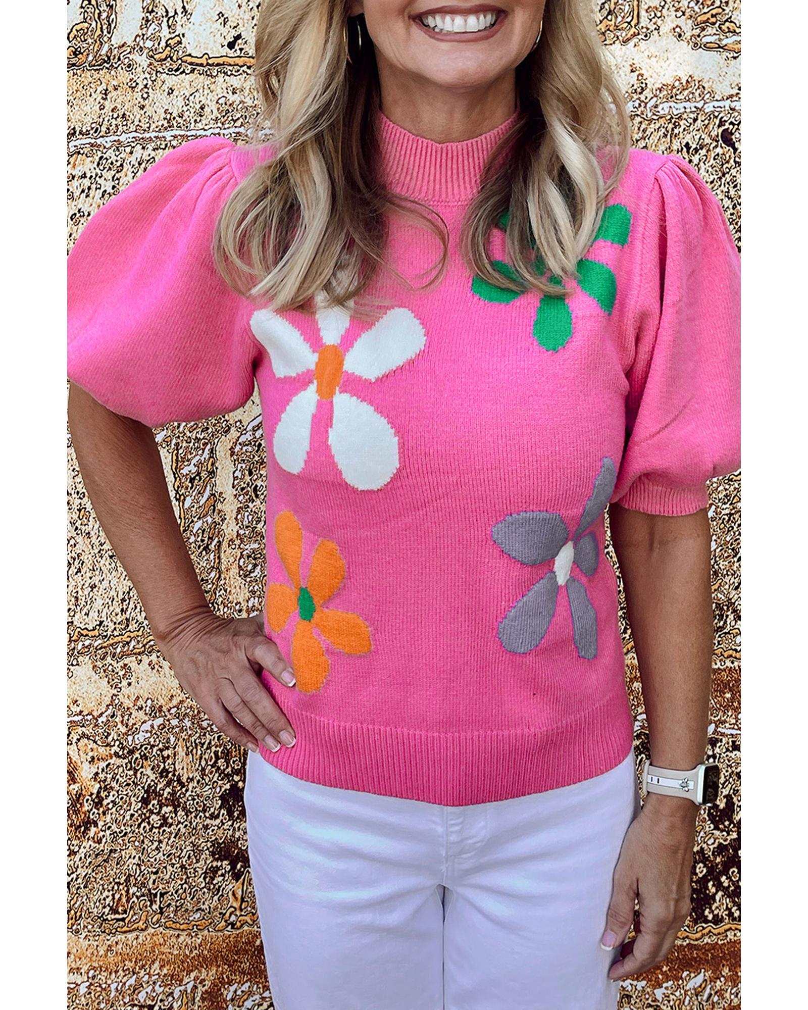 Bright Pink Floral Bubble Short Sleeve Sweater - M