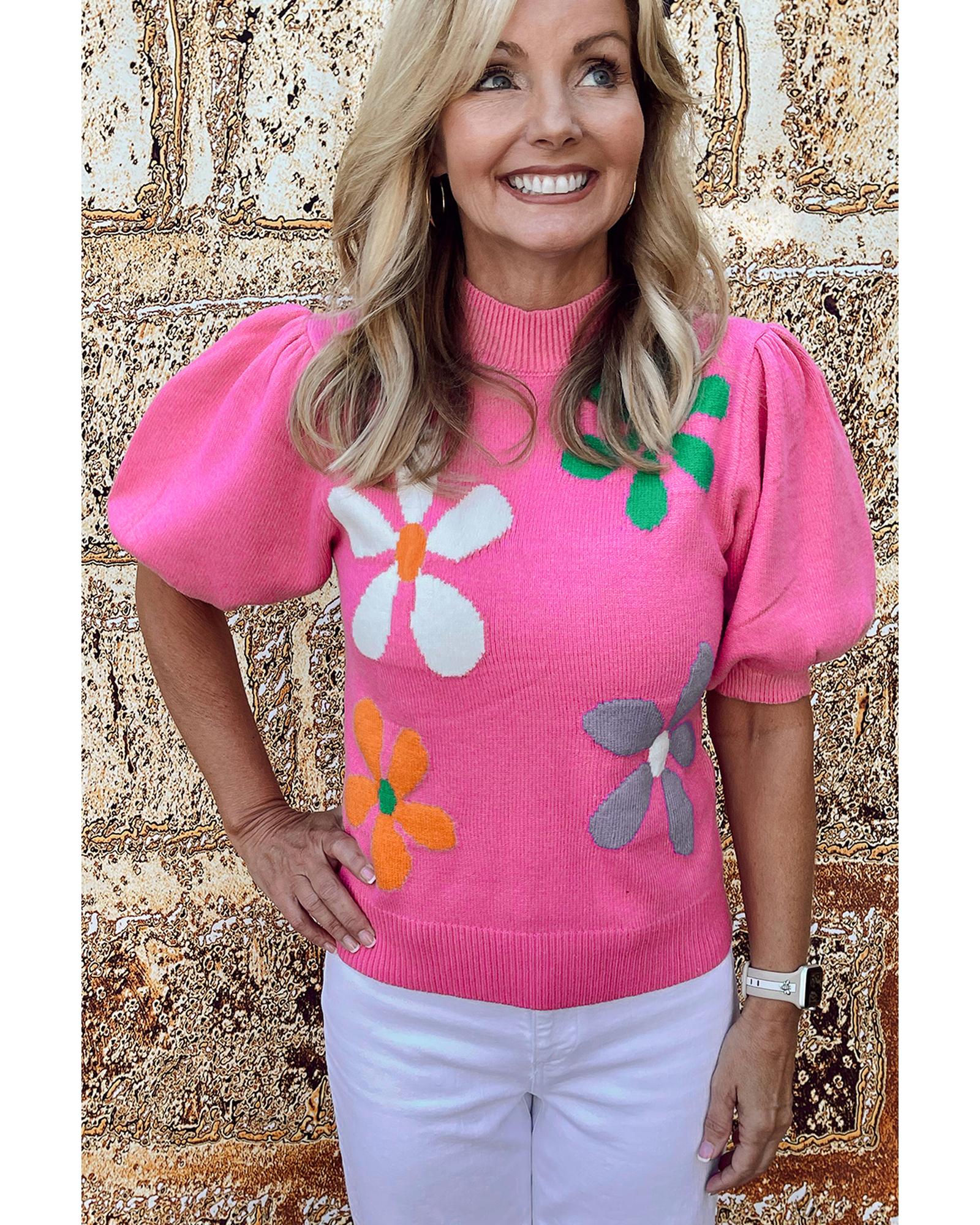 Bright Pink Floral Bubble Short Sleeve Sweater - XL