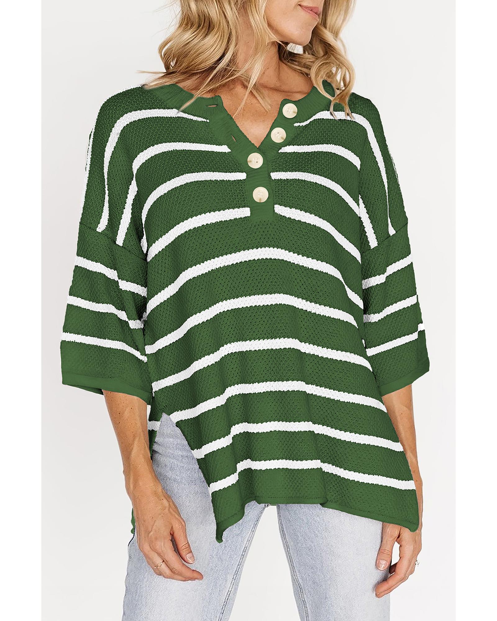 Green Stripe Henley Buttoned Placket Drop Shoulder Bracelet Sleeve Knit Sweater Tee - XL
