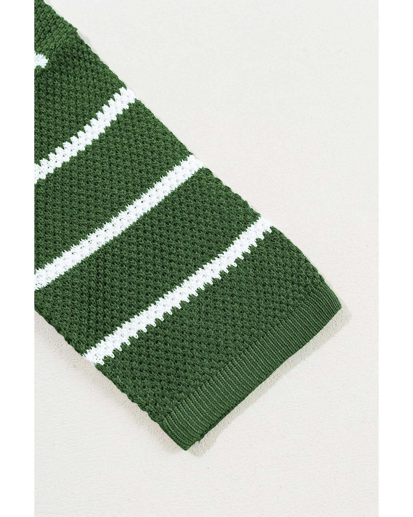 Green Stripe Henley Buttoned Placket Drop Shoulder Bracelet Sleeve Knit Sweater Tee - XL