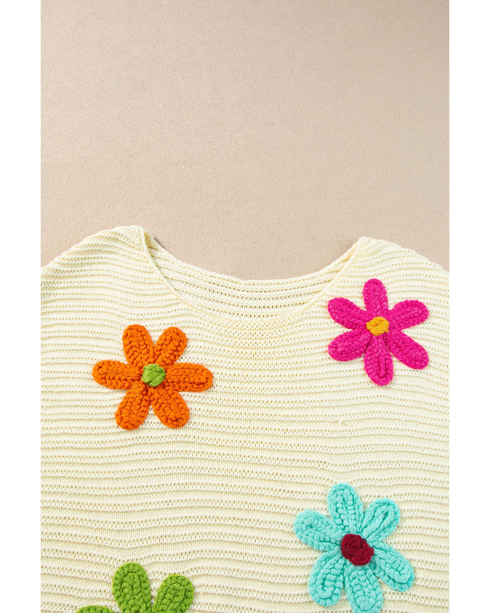 White Flower Crochet Round Neck Knitted Top - L