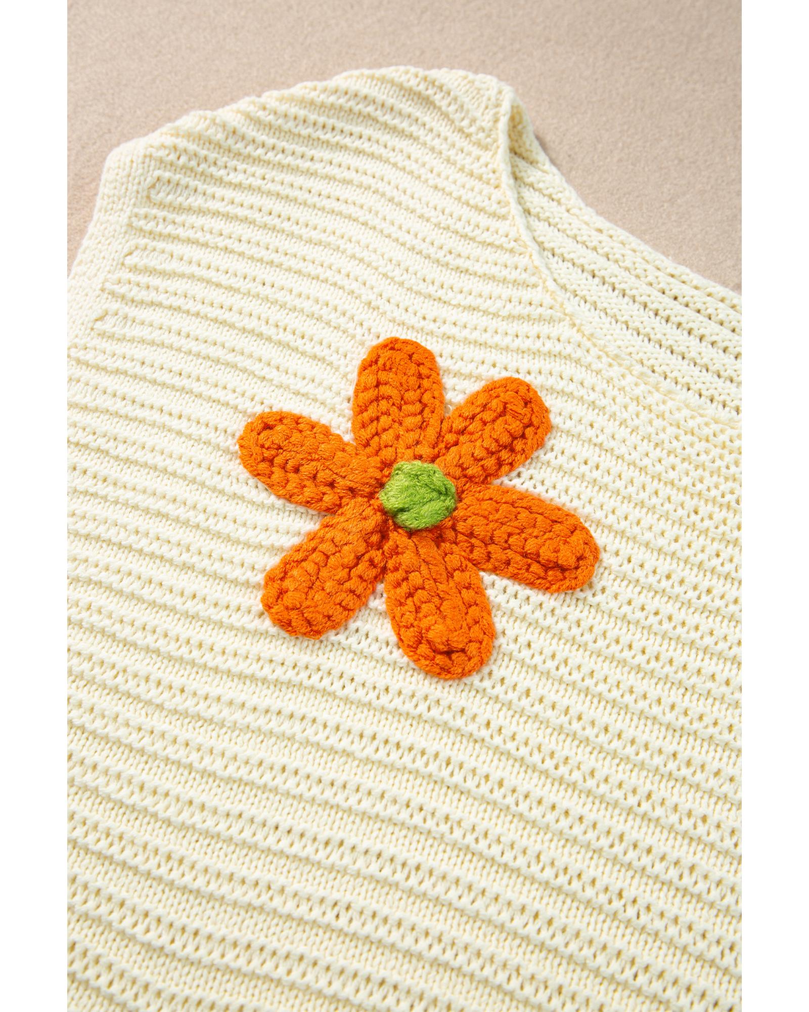 White Flower Crochet Round Neck Knitted Top - L