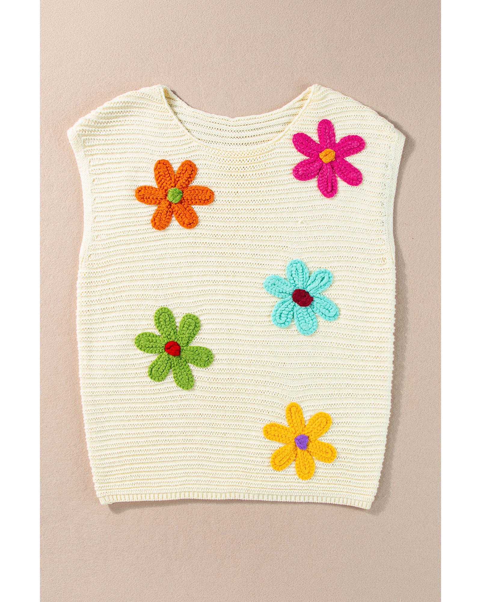 White Flower Crochet Round Neck Knitted Top - L