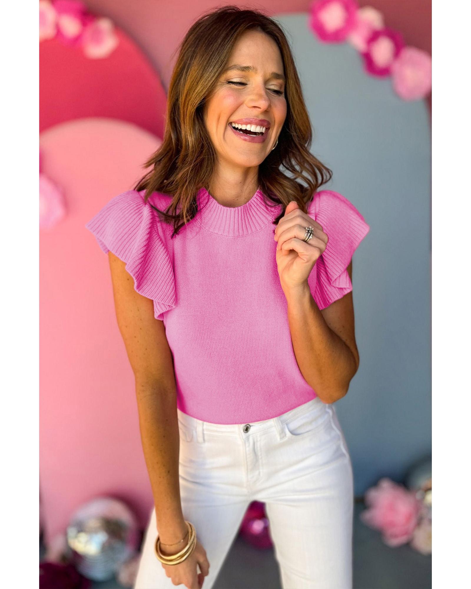 Bonbon Ribbed Mock Neck Ruffled Short Sleeve Sweater - L