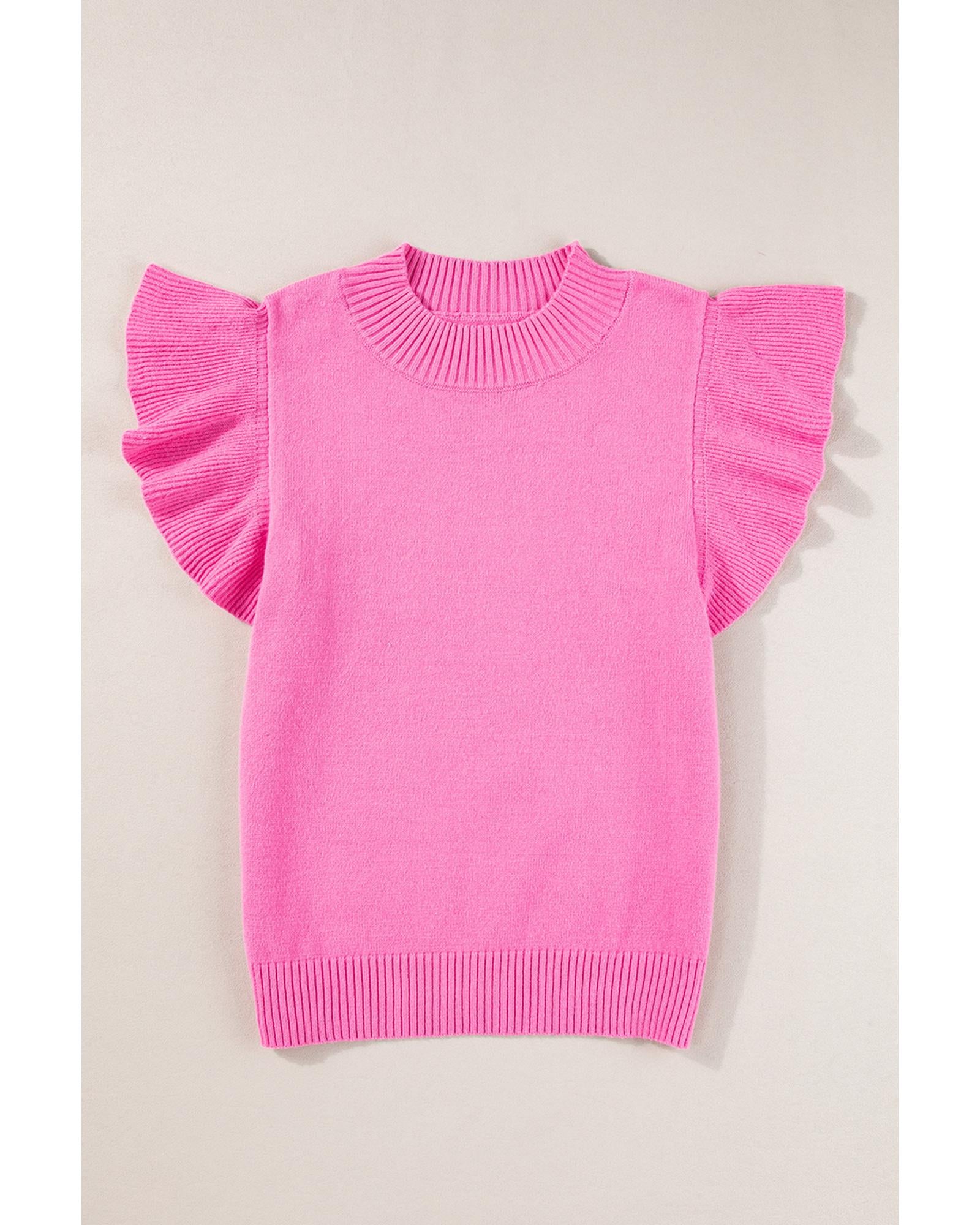 Bonbon Ribbed Mock Neck Ruffled Short Sleeve Sweater - L
