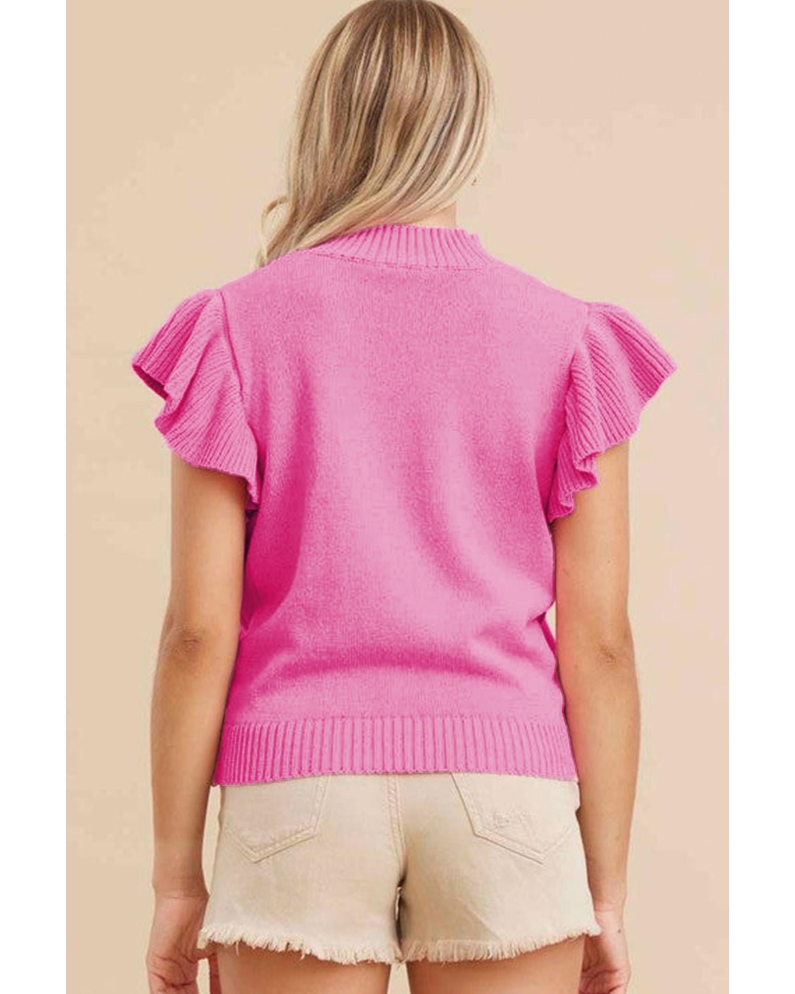 Bonbon Ribbed Mock Neck Ruffled Short Sleeve Sweater - L