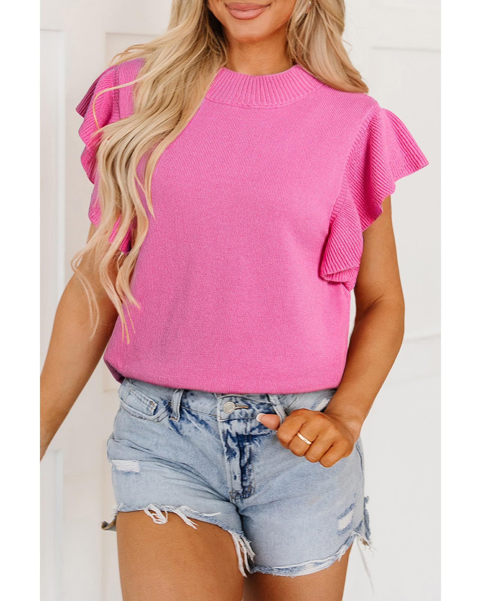 Bonbon Ribbed Mock Neck Ruffled Short Sleeve Sweater - L