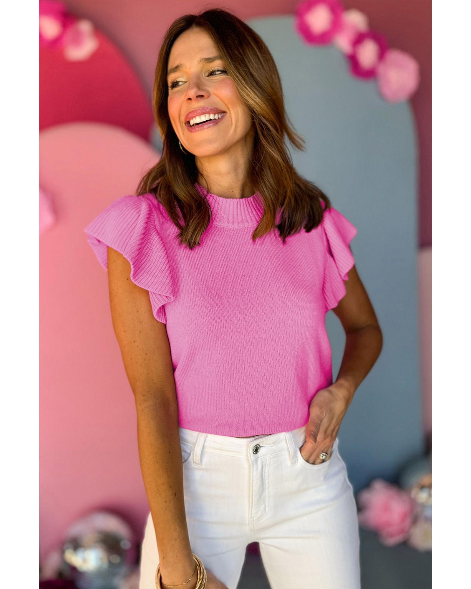 Bonbon Ribbed Mock Neck Ruffled Short Sleeve Sweater - L