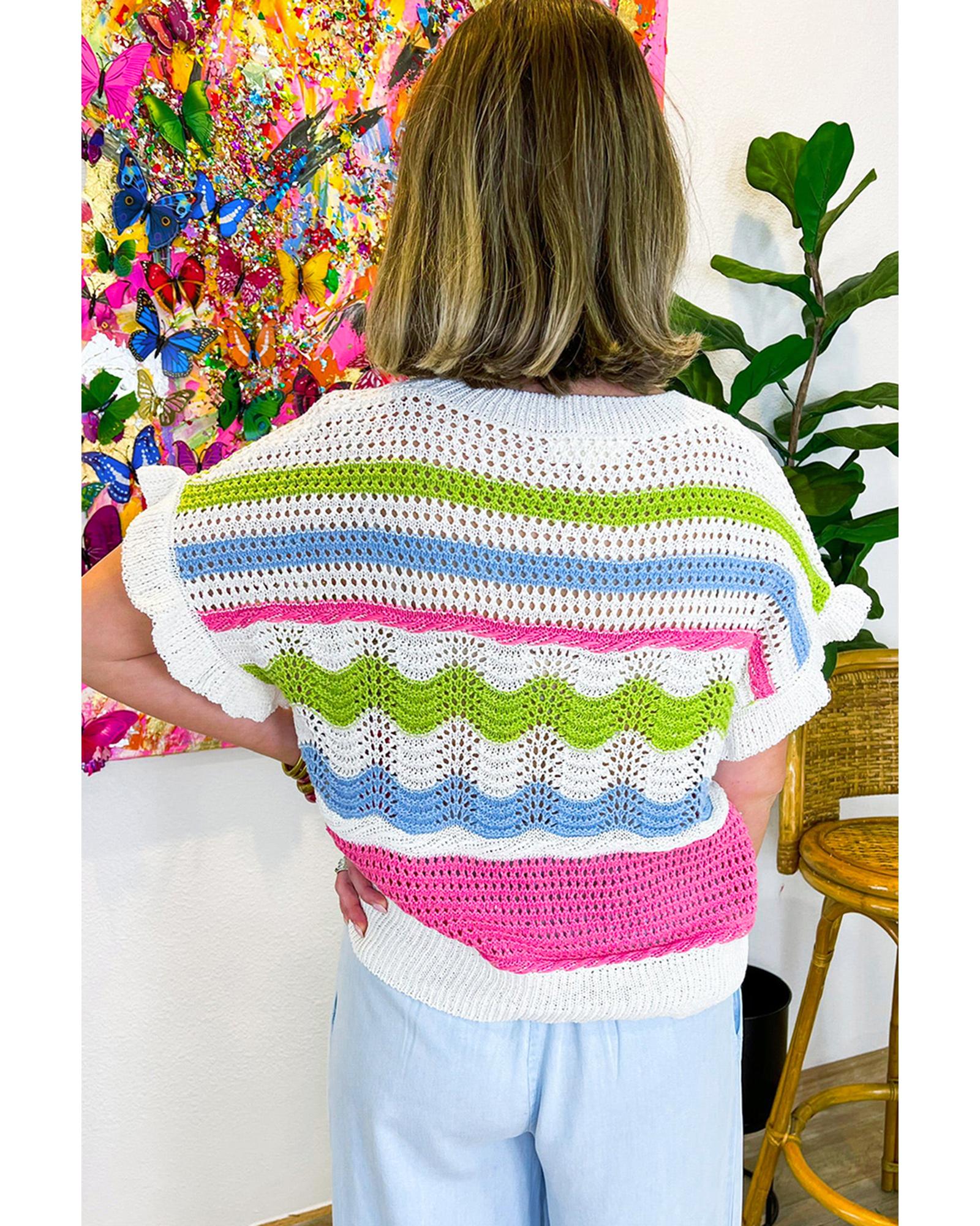 White Colorblock Crochet Knit Ruffled Short Sleeve Sweater Top - M