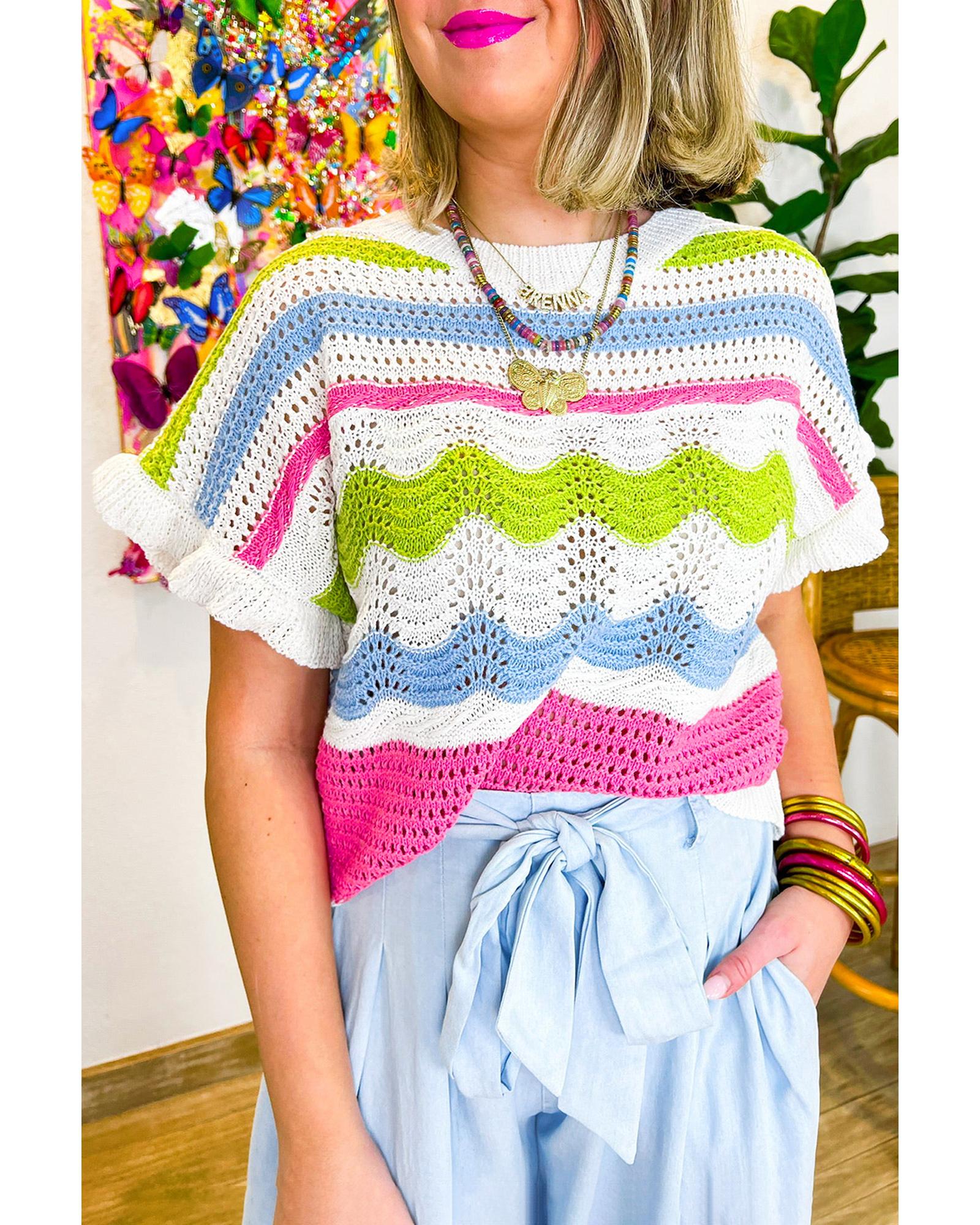 White Colorblock Crochet Knit Ruffled Short Sleeve Sweater Top - M