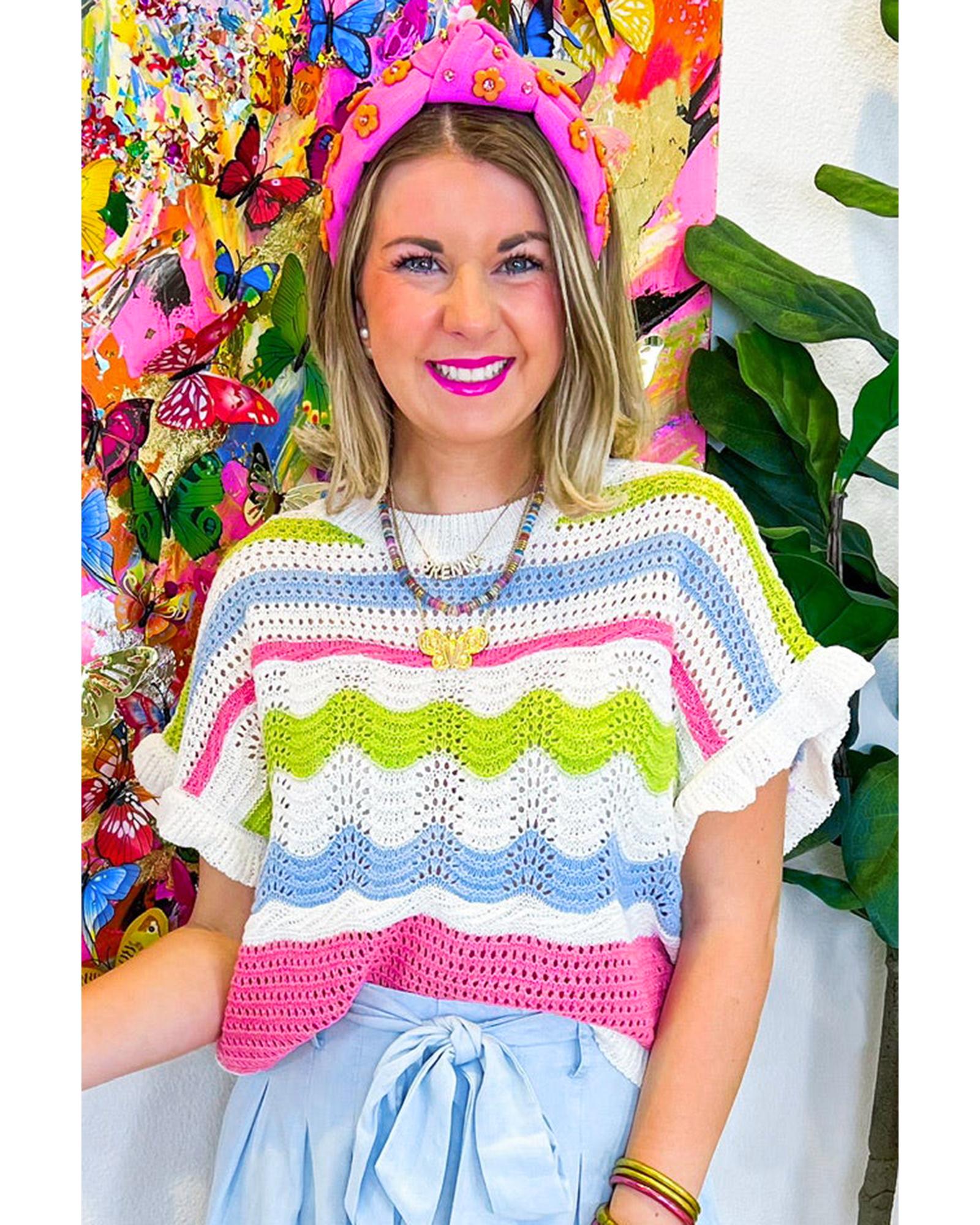 White Colorblock Crochet Knit Ruffled Short Sleeve Sweater Top - S