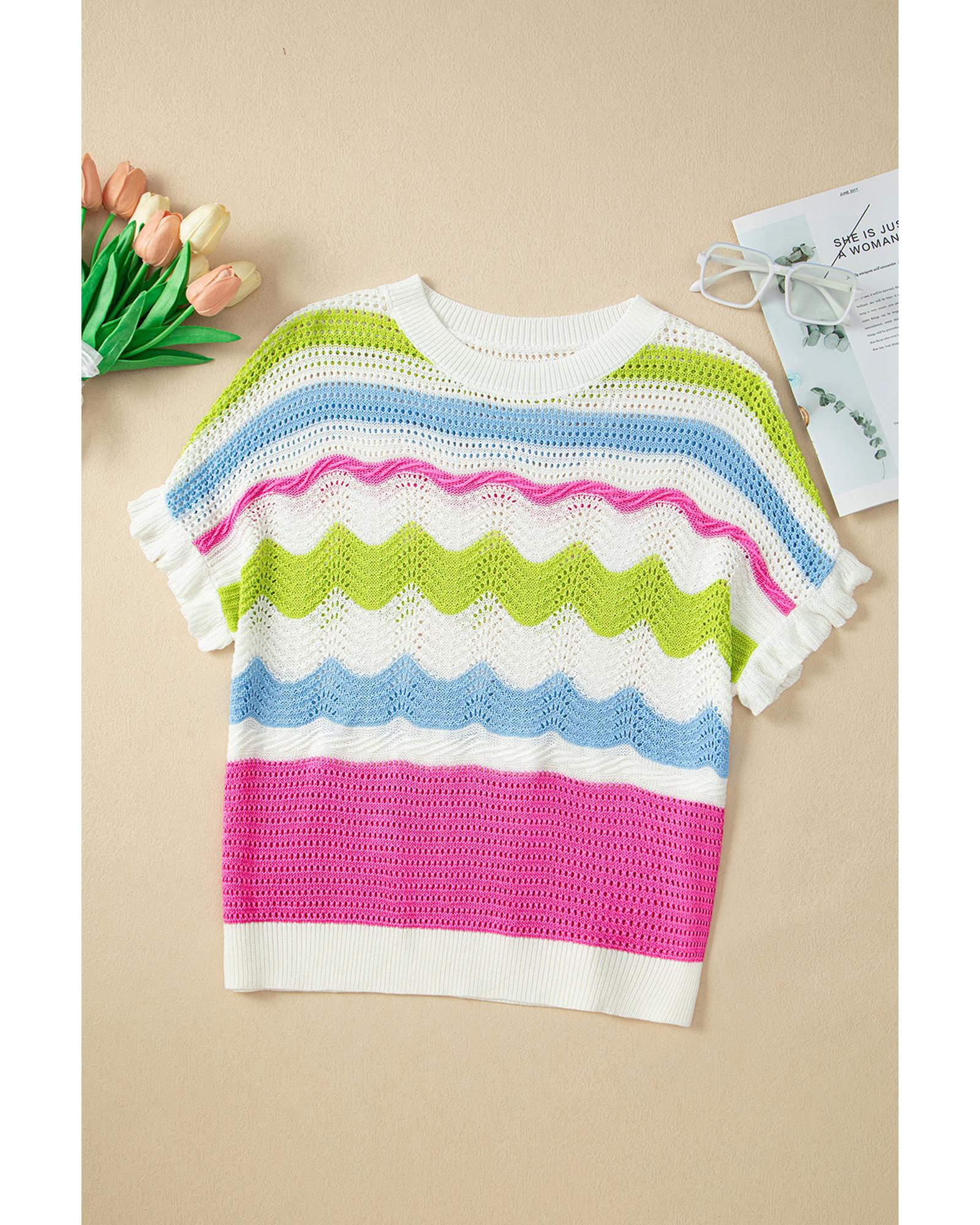 White Colorblock Crochet Knit Ruffled Short Sleeve Sweater Top - S