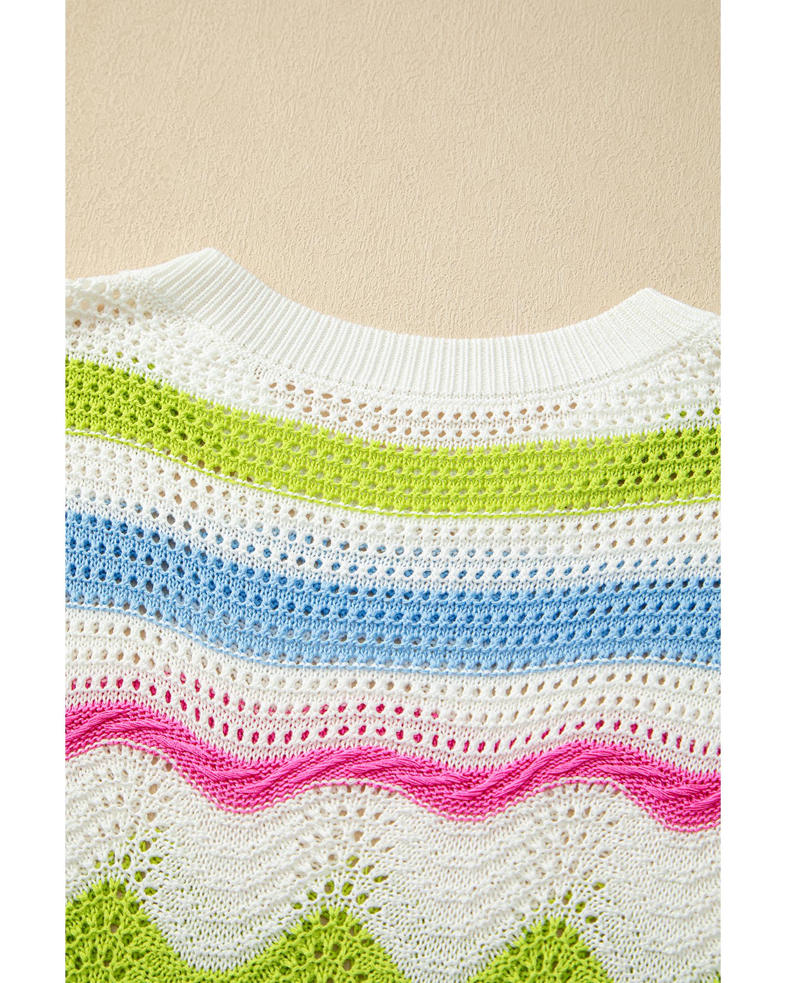 White Colorblock Crochet Knit Ruffled Short Sleeve Sweater Top - S