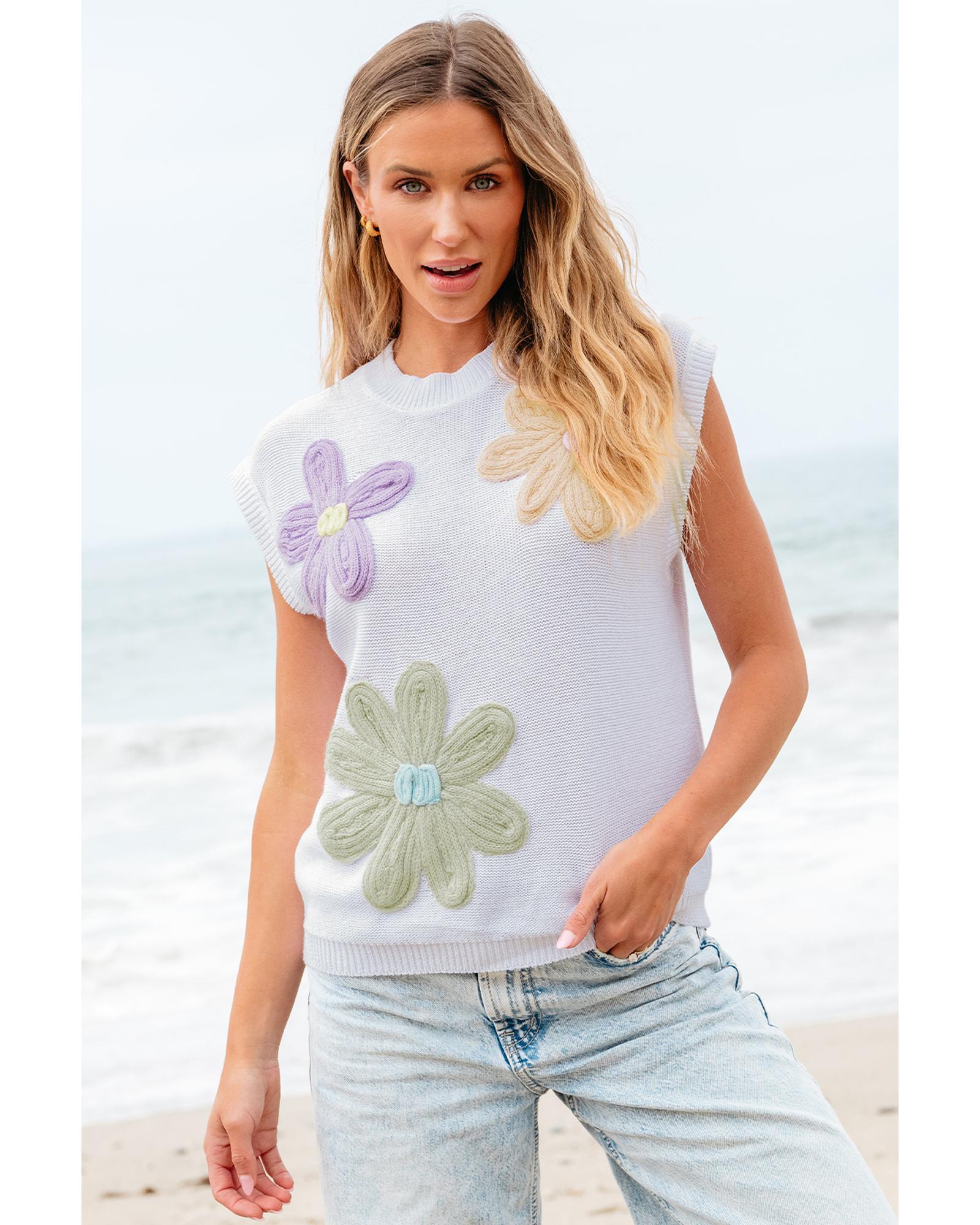 White Multi Crochet Flower Knit Short Sleeve Sweater Tops - L