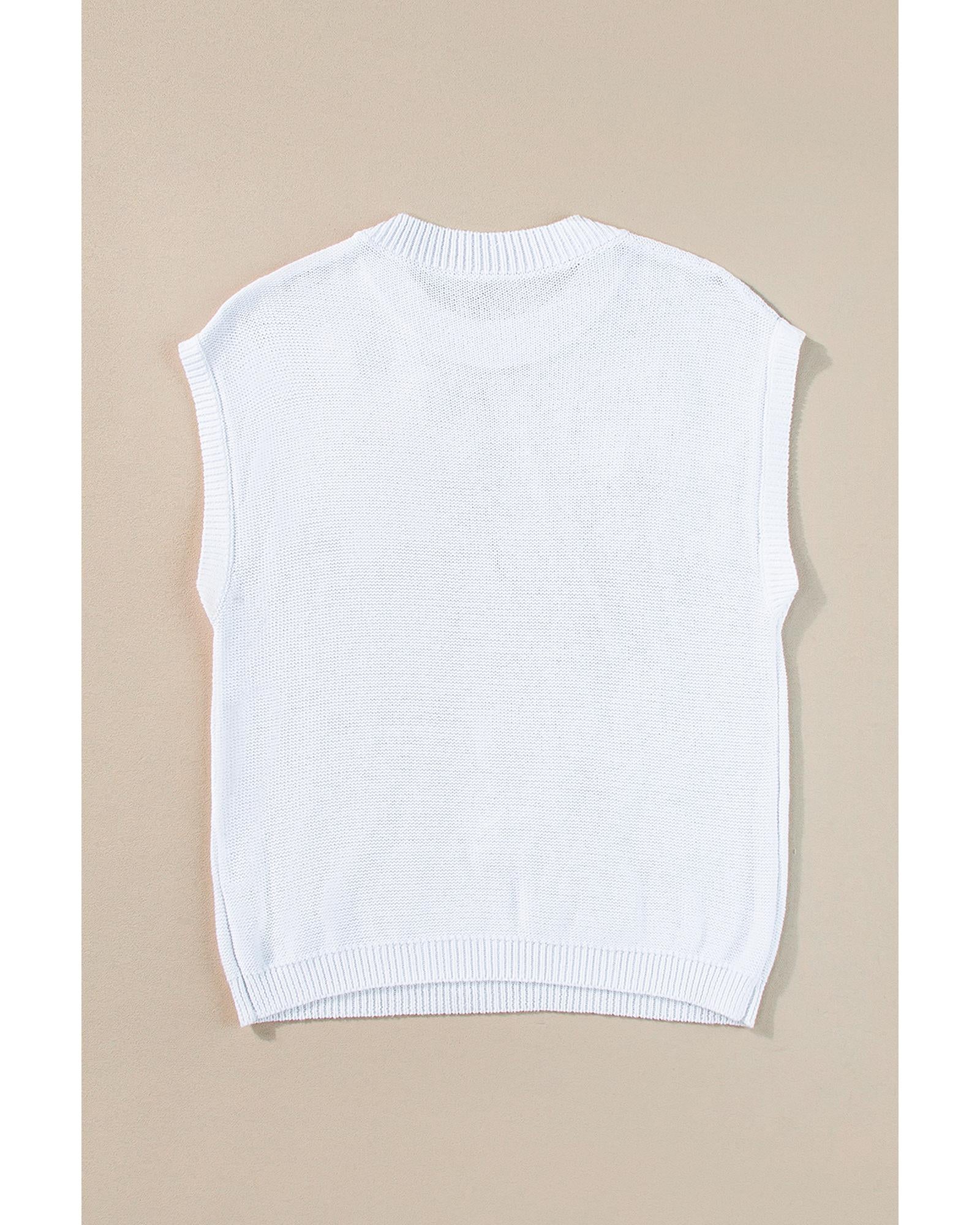 White Multi Crochet Flower Knit Short Sleeve Sweater Tops - L