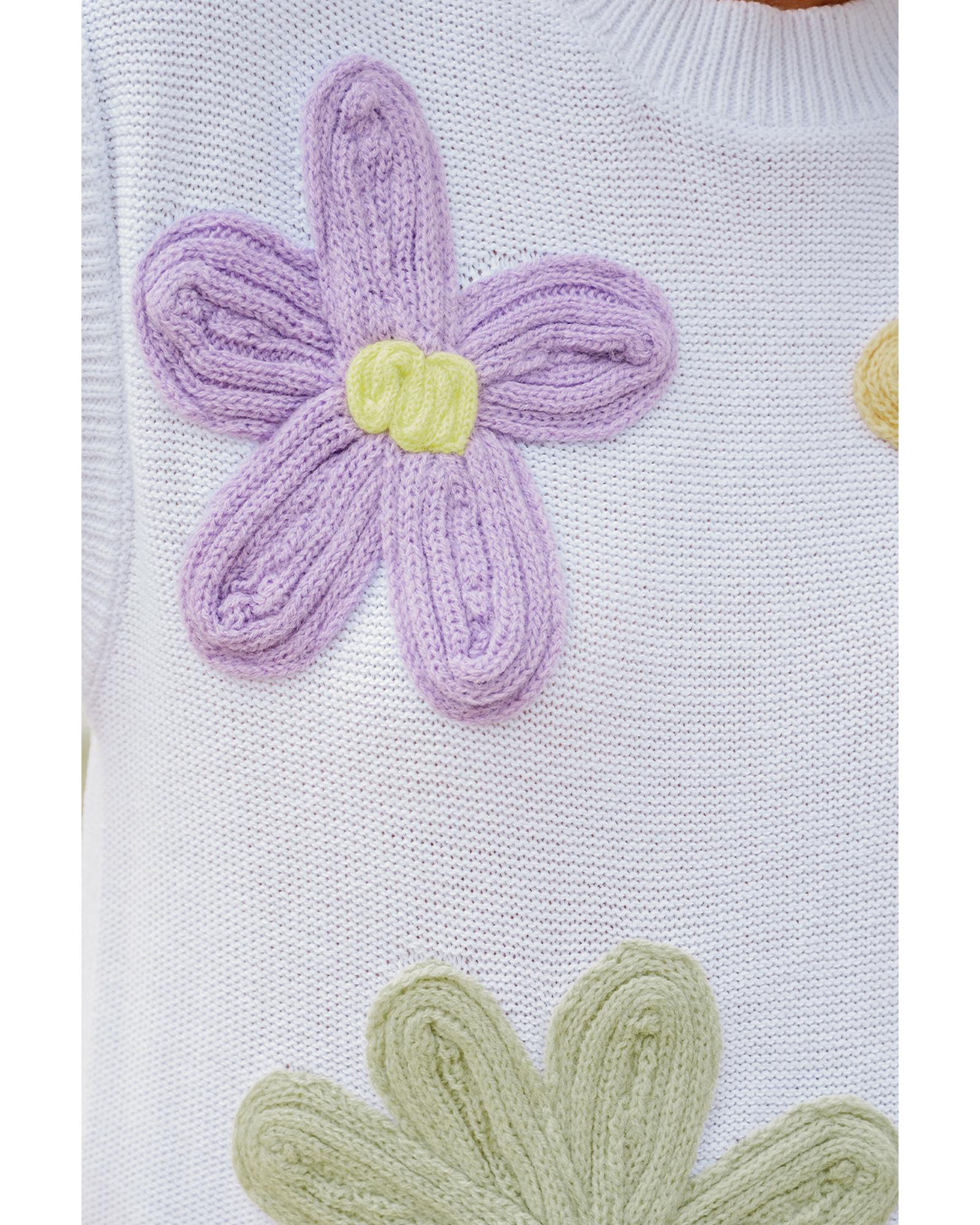 White Multi Crochet Flower Knit Short Sleeve Sweater Tops - M